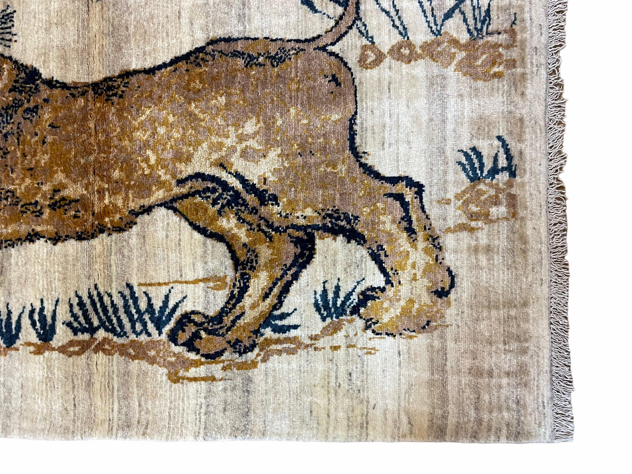 3.5 X 4 Handmade Hand-Knotted New Vintage Rug Quality Wool Lion Organic Dyes