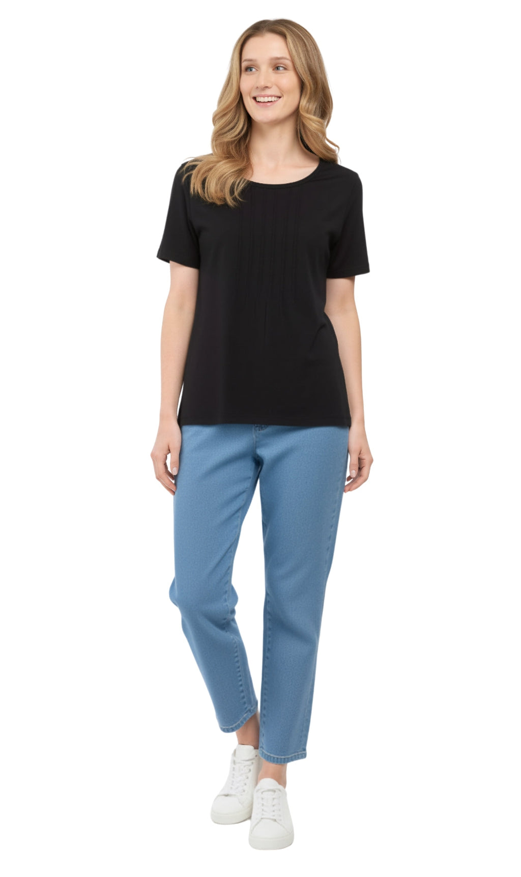 Women's Short Sleeve Cotton Knit T-shirt in Pintuck Style
