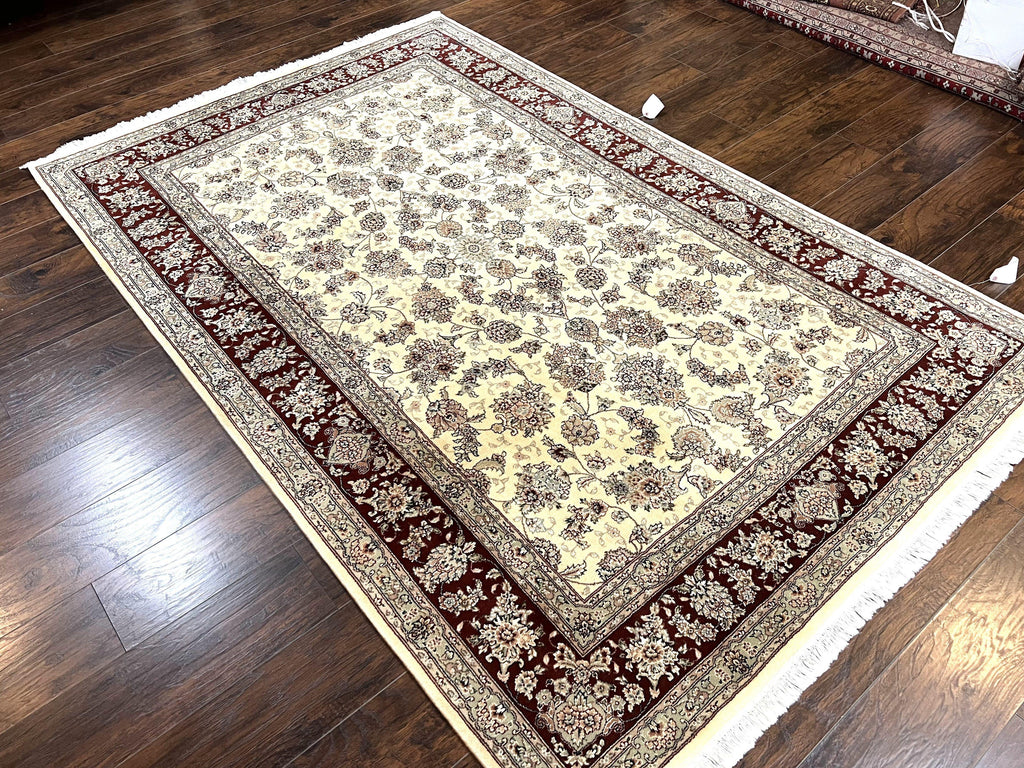 Pak Persian Rug 6x9, Floral Allover Carpet 6 x 9 ft, Cream and Maroon Hand Knotted Wool and Silk Fine Oriental Rug, Traditional Vintage Rug