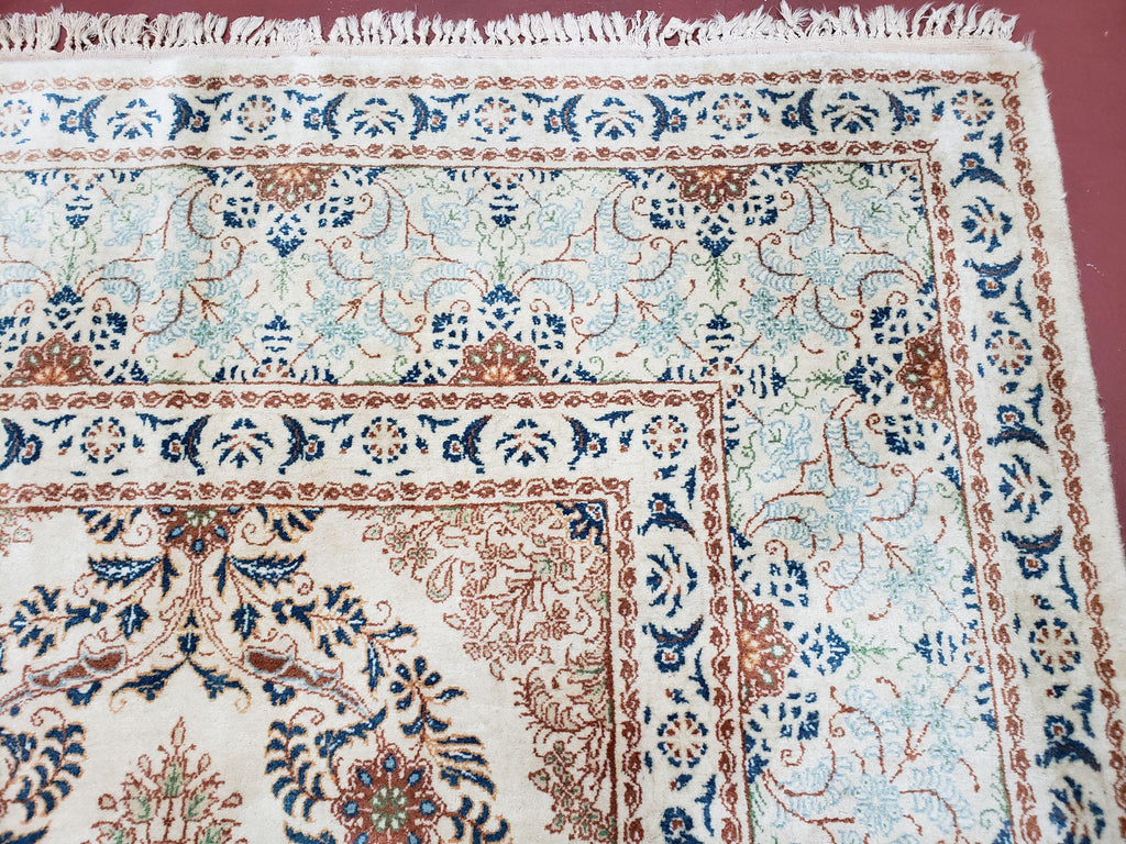 Fine Antique Persian Light Colored Kashan Carpet, 7x12, Top Quality, Rare, Ivory & Blues, Hand-Knotted, Wool