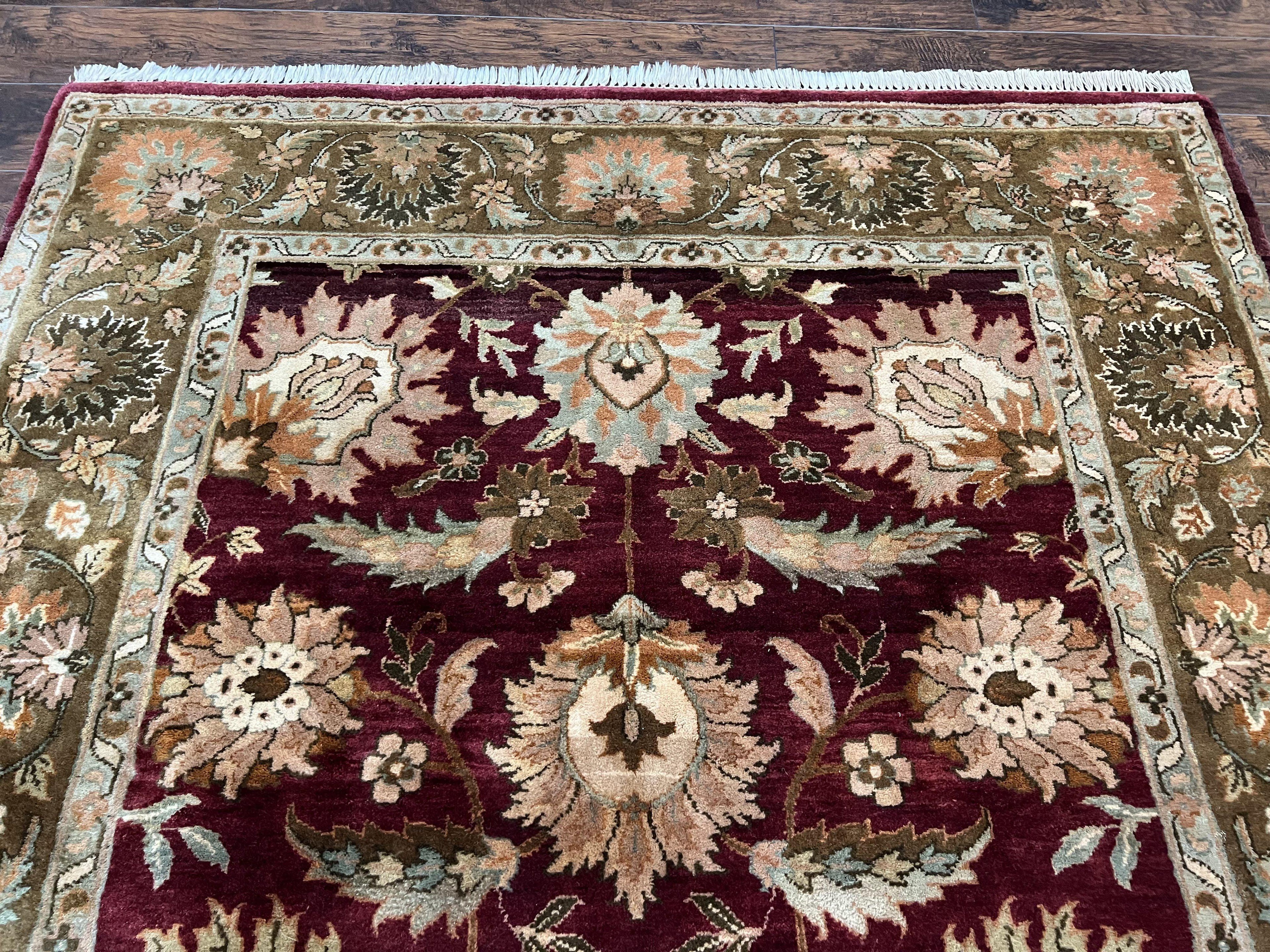 Indo Mahal Rug 6x9, Large Flowers Allover, Maroon and Green, Handmade Wool Area Rug, Vintage Rug, Indian Oriental Carpet, Hand Knotted Rug