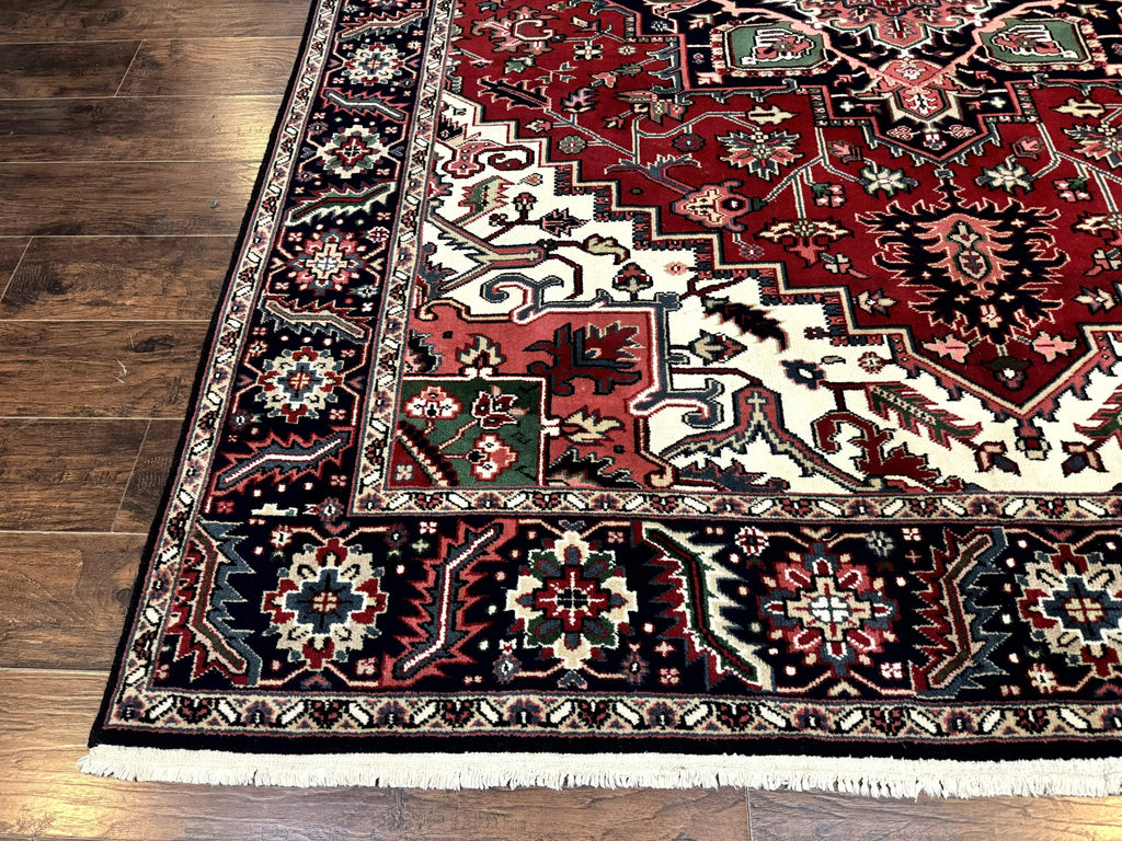 Indo Persian Heriz Rug 8x10, Geometric Medallion, Brick Red Ivory Navy Blue, Room Sized Heriz Carpet, Wool Rug