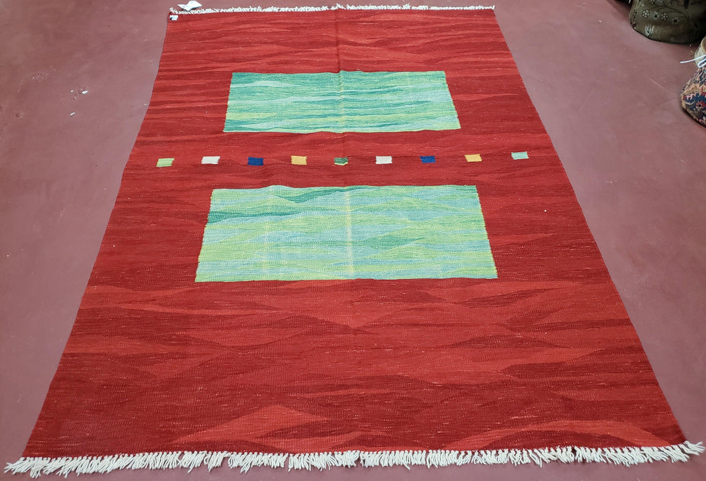 Red Turkish Kilim Rug, 5x7 - 6x8 Rugs, Red and Green Kilim Carpet, Kilim Area Rugs, Flatweave No Pile Rug, New Turkish Rug, Handmade Kilim