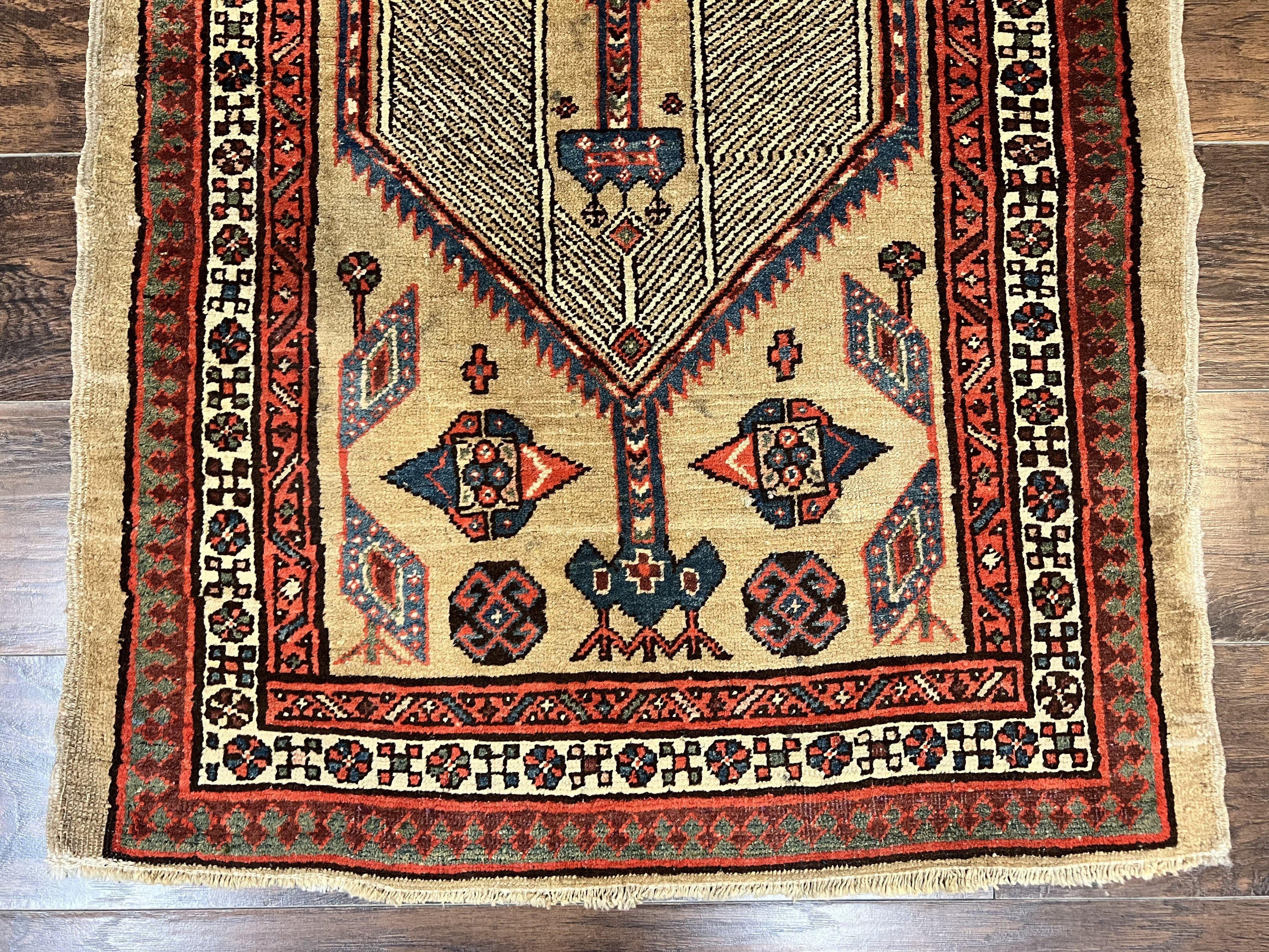 Antique Persian Runner 3 x 7, Camel Hair Runner 3x7 ft, Handmade Hallway Rug, Geometric Design, Tribal Rug, Persian Sarab Rug 3x7