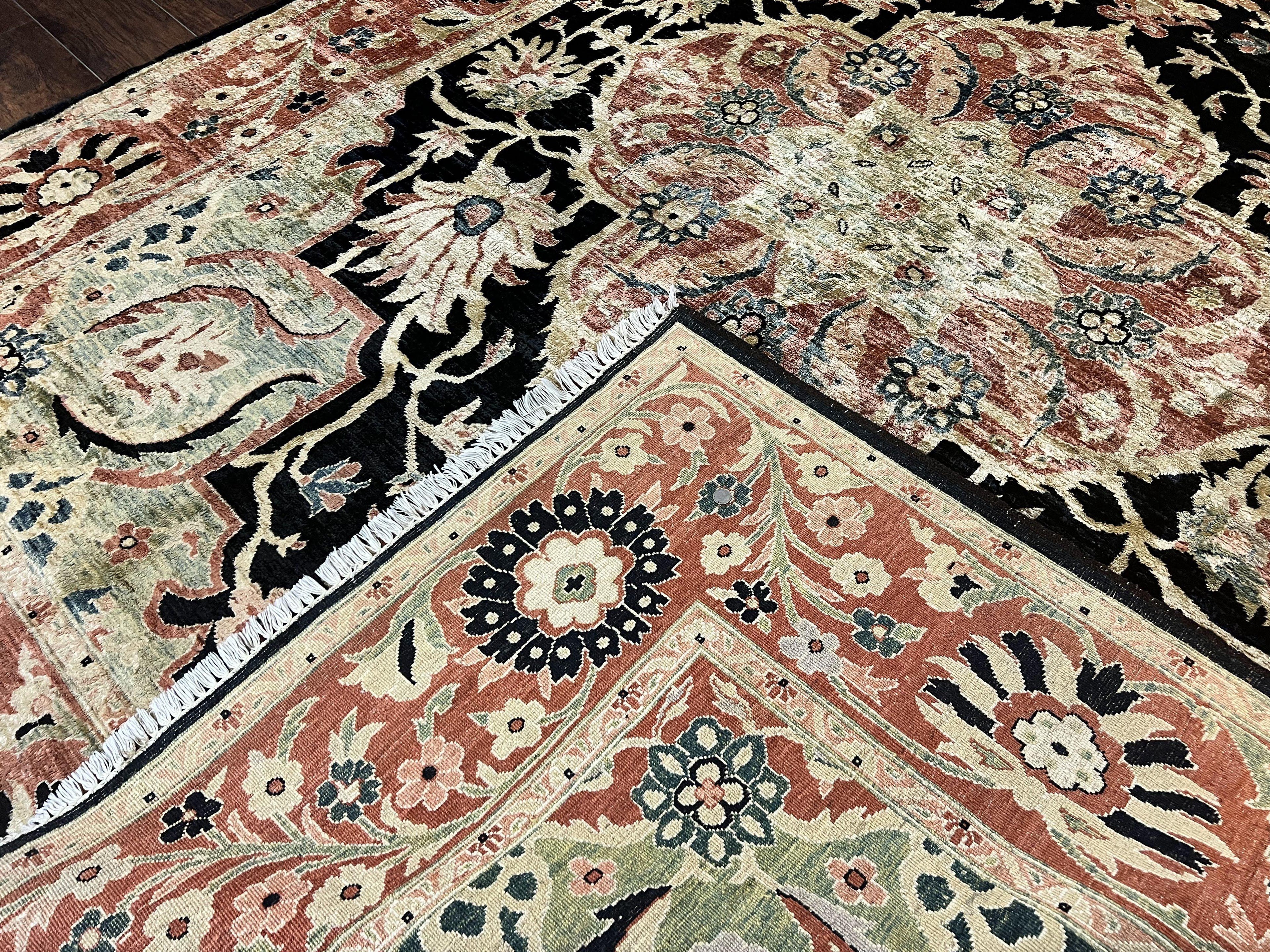 Pak Persian Rug 8x10, Pakistani Mahal Sultanabad Carpet, Signature from Master Weaver, Shiny Wool, Black Red Vintage Handmade Medallion Rug