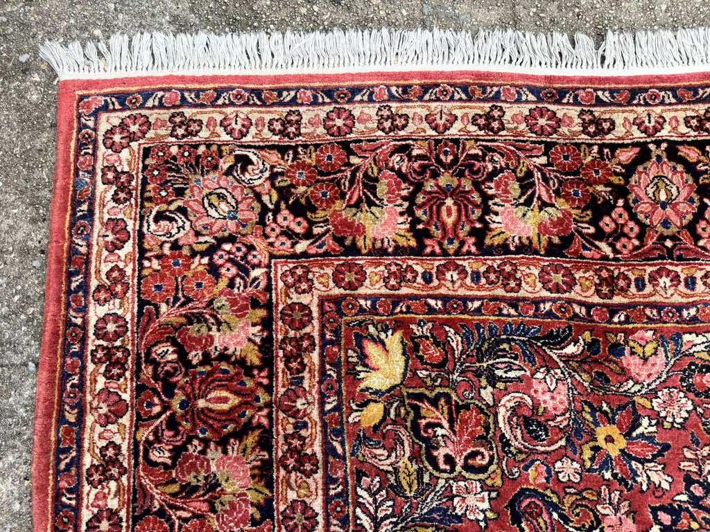 Large Antique Persian Sarouk Rug 11x18, Red, Floral Allover, Palace Size Wool Handmade Carpet
