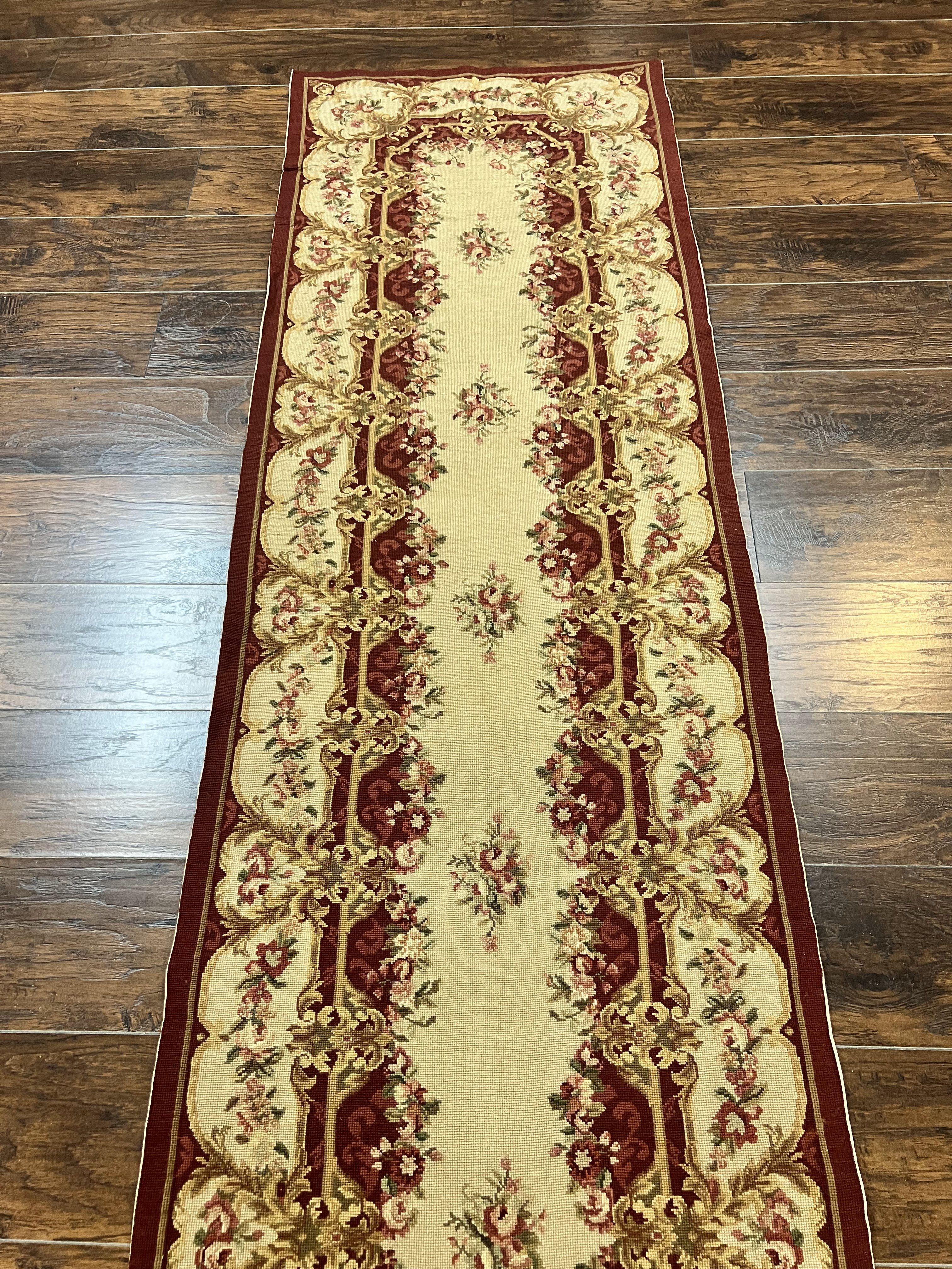 Needlepoint Runner Rug 2.5 x 10.7, Tan Runner Rug, Flatweave Runner, Aubusson European Design, Needlepoint Rug, Long Runner, Hallway Rug