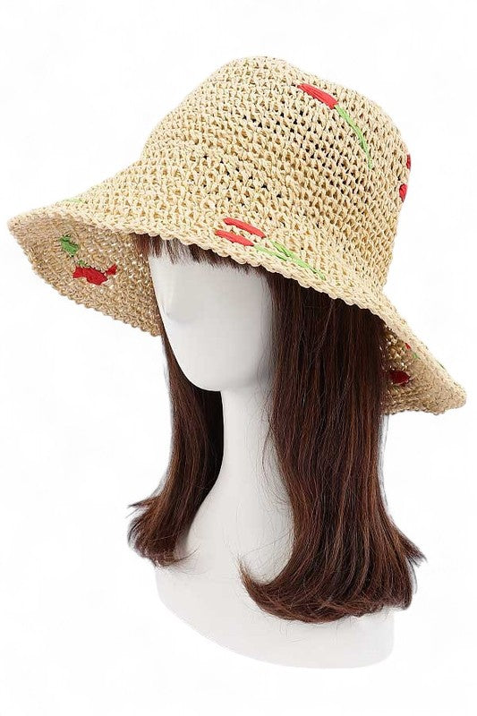 Cherry Embroidered Crochet Straw Bucket Hat