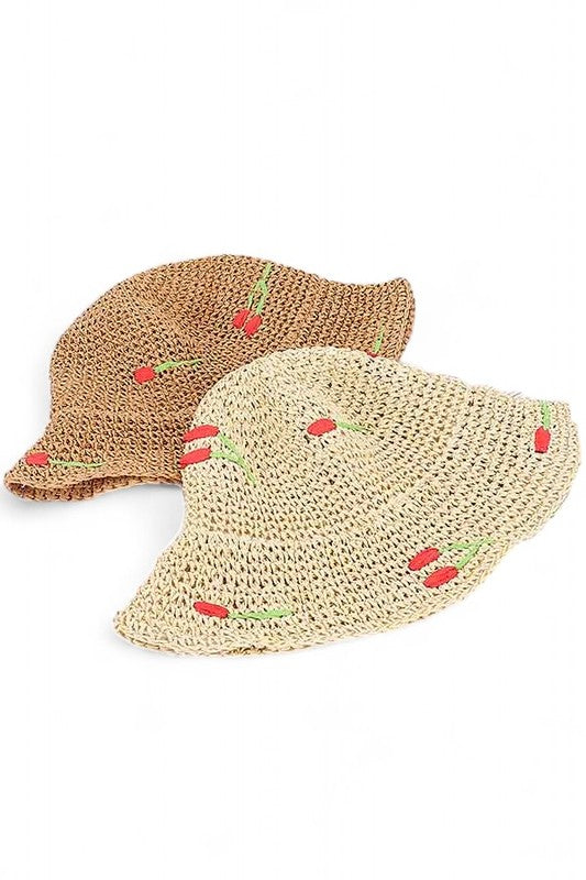 Cherry Embroidered Crochet Straw Bucket Hat