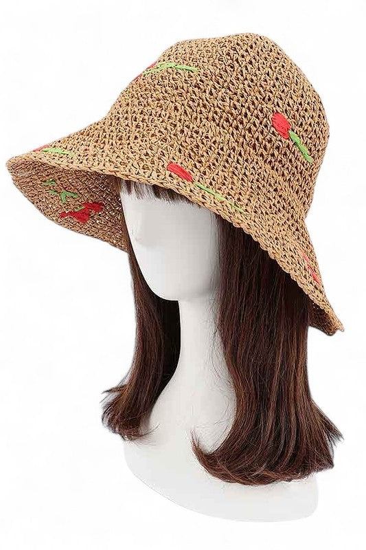 Cherry Embroidered Crochet Straw Bucket Hat