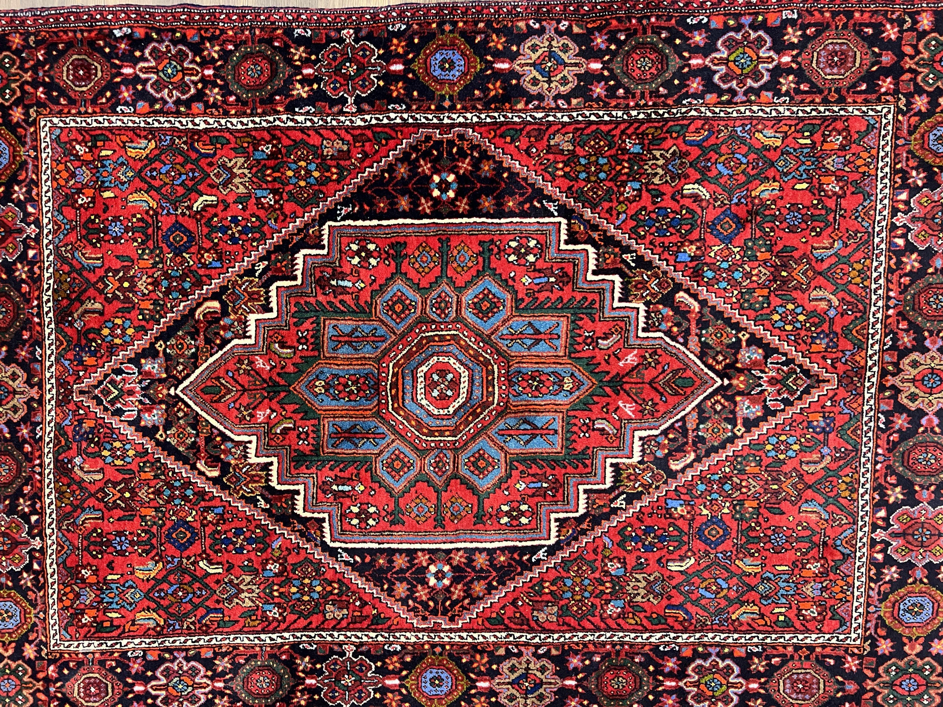 Fine Persian Bidjar Rug 3x5 ft, Ruby Red and Black, Geometric Medallion, Hand Knotted Semi Antique Oriental Bijar Carpet, Wool Area Rug, Tribal Rug