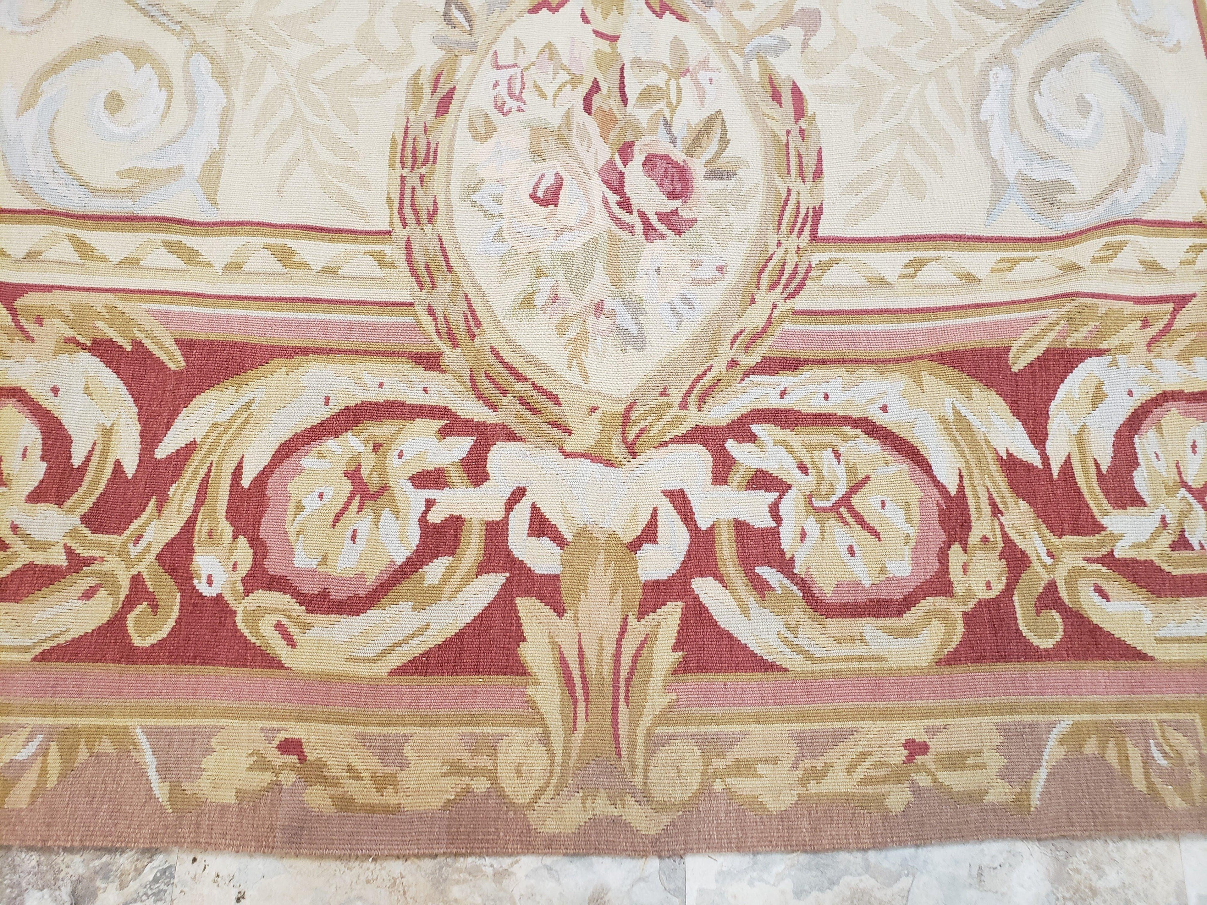 Aubusson Rug 6x9, Elegant Flatweave Rug, Aubusson Savonnerie 6 x 9 Flatweave Area Rug, Cream and Red, Wool Hand Woven Carpet, Medium Size