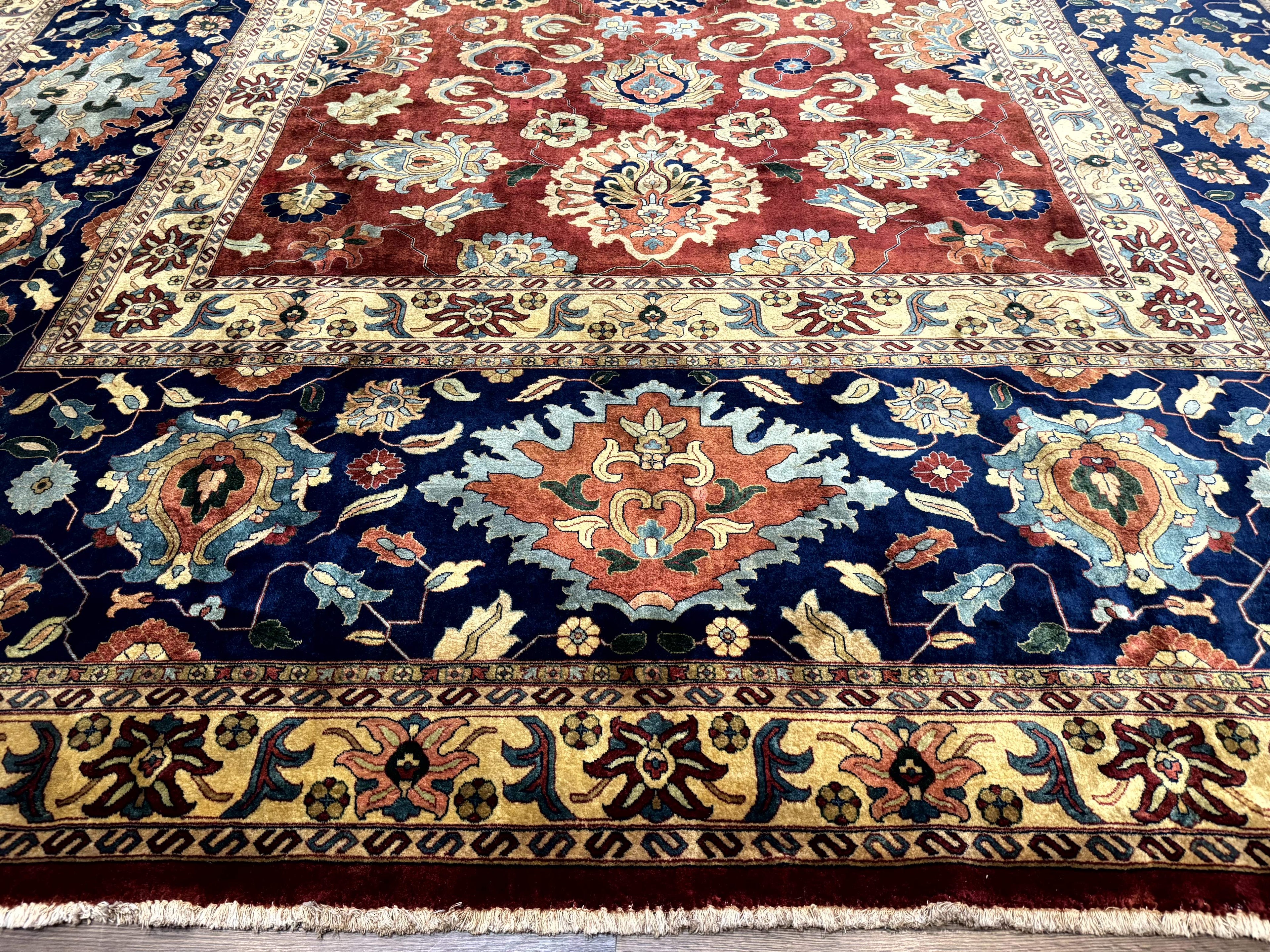 Palace Size Indo Persian Rug 12x15, Sultanabad Mahal Carpet, Red Navy Blue, Fine 210 KPSI