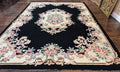 Aubusson Rug 8x11, Black and Ivory, Hooked Rug, Vintage, Wool