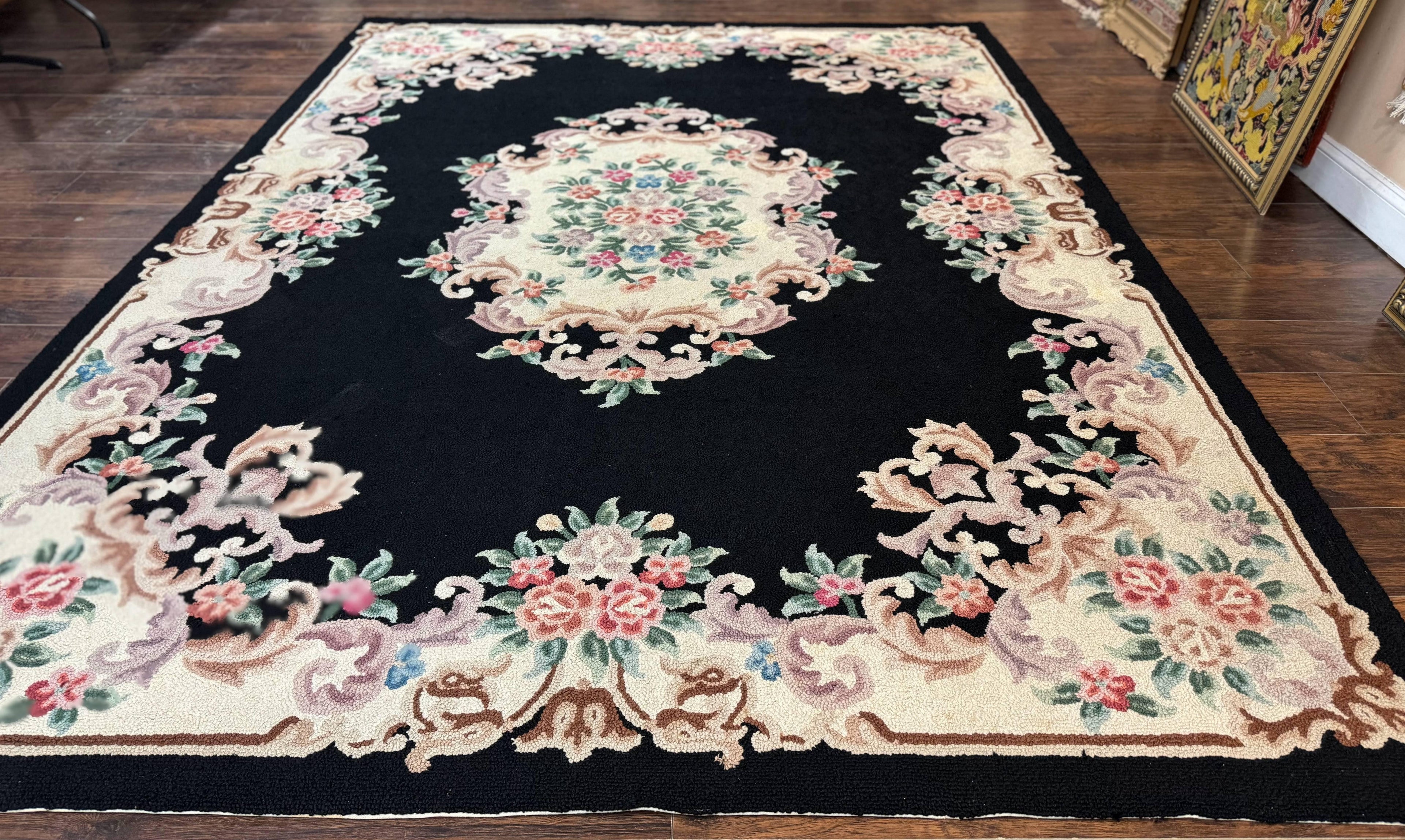 Aubusson Rug 8x11, Black and Ivory, Hooked Rug, Vintage, Wool