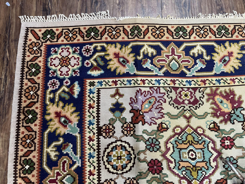 Antique Turkish Kilim Rug 7x10 Allover Pattern, Ivory Cream Maroon Light Blue, Wool Flatweave Hand Woven, Large Kilim, Vintage Kilim Carpet