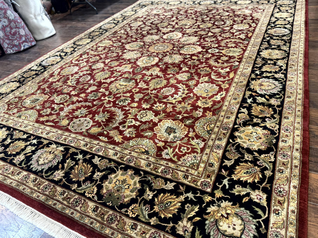Indian Agra Rug 10x14, Traditional Oriental Carpet, Room Sized Wool Area Rug, Floral, Maroon