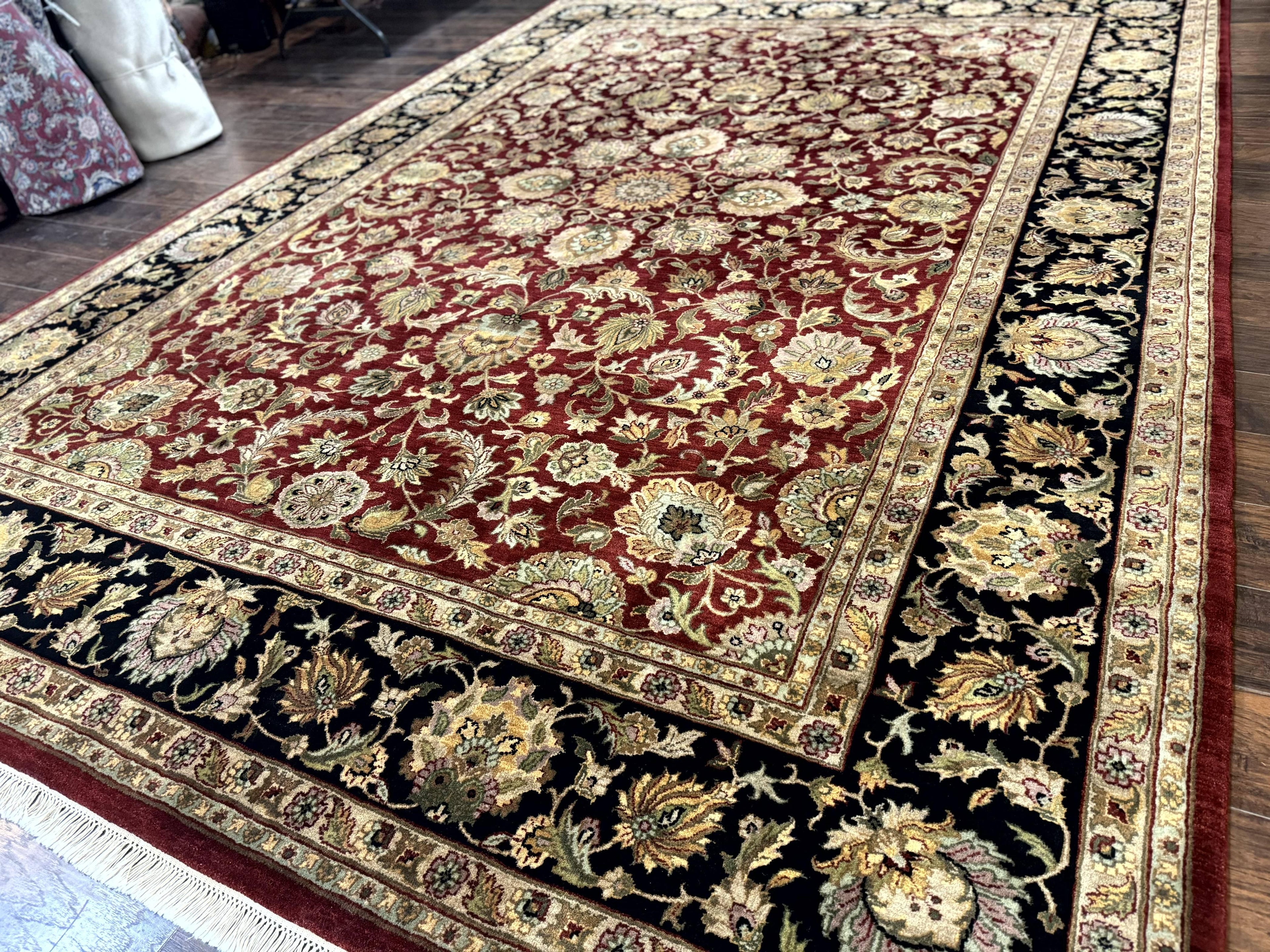 Indian Agra Rug 10x14, Traditional Oriental Carpet, Room Sized Wool Area Rug, Floral, Maroon