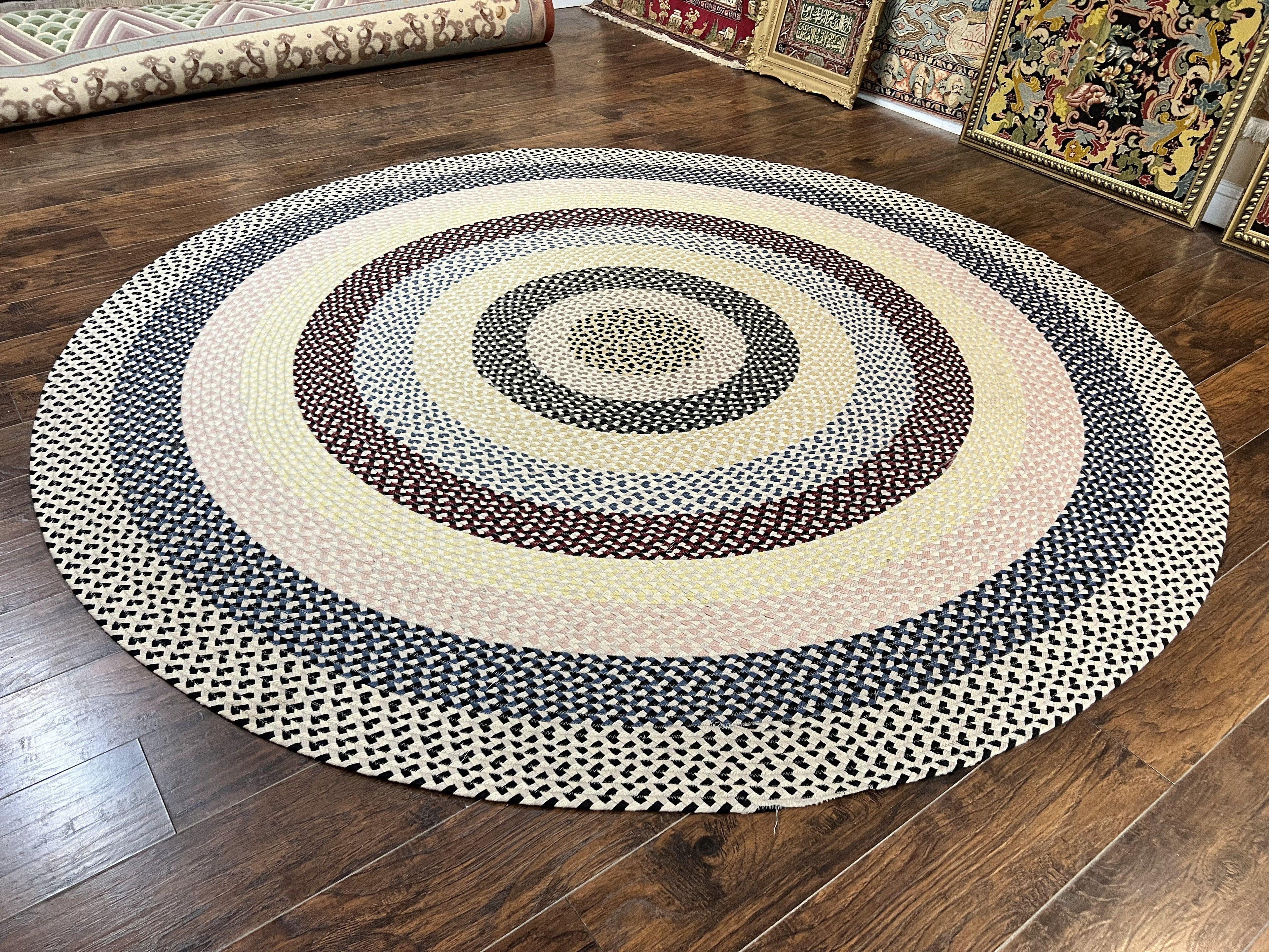 Round American Braided Rug 9x9 ft, Large Round Vintage Braided Rug, Multicolor