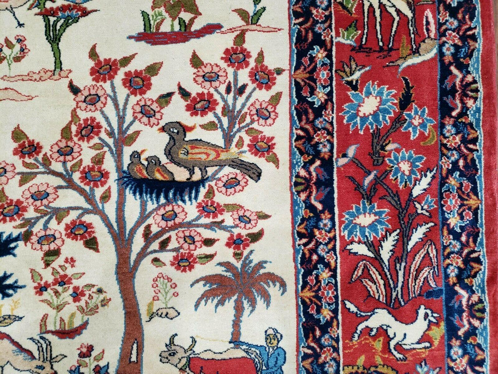 Antique Persian Isfahan Rug 5x7, Animal and Human Pictorials, Hand Knotted Fine Oriental Wool Carpet, Cream and Red, High KPSI, Vintage Rug 5 x 7 ft