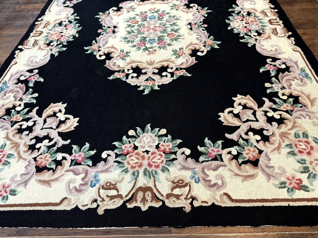 Aubusson Rug 8x11, Black and Ivory, Hooked Rug, Vintage, Wool