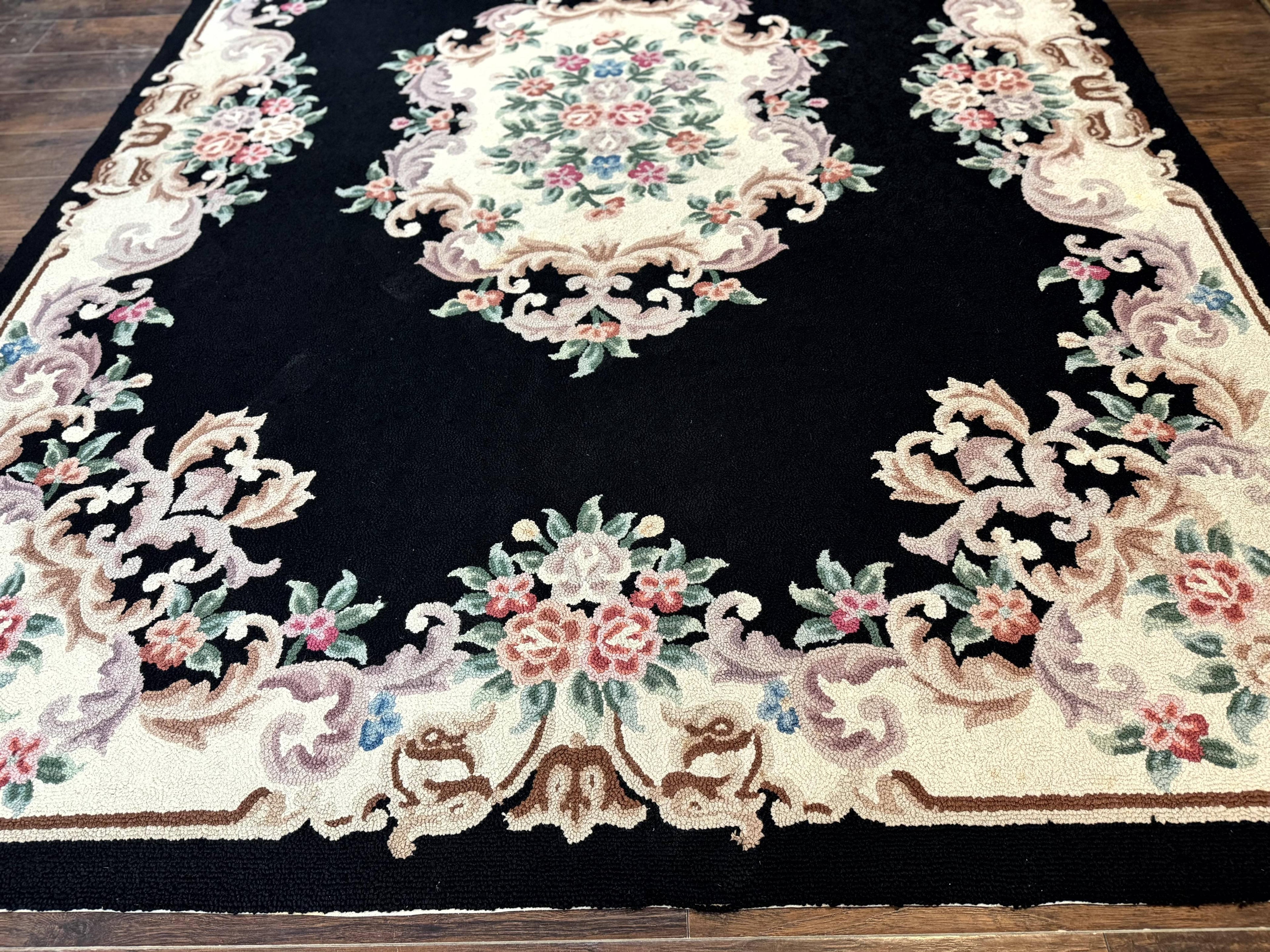 Aubusson Rug 8x11, Black and Ivory, Hooked Rug, Vintage, Wool