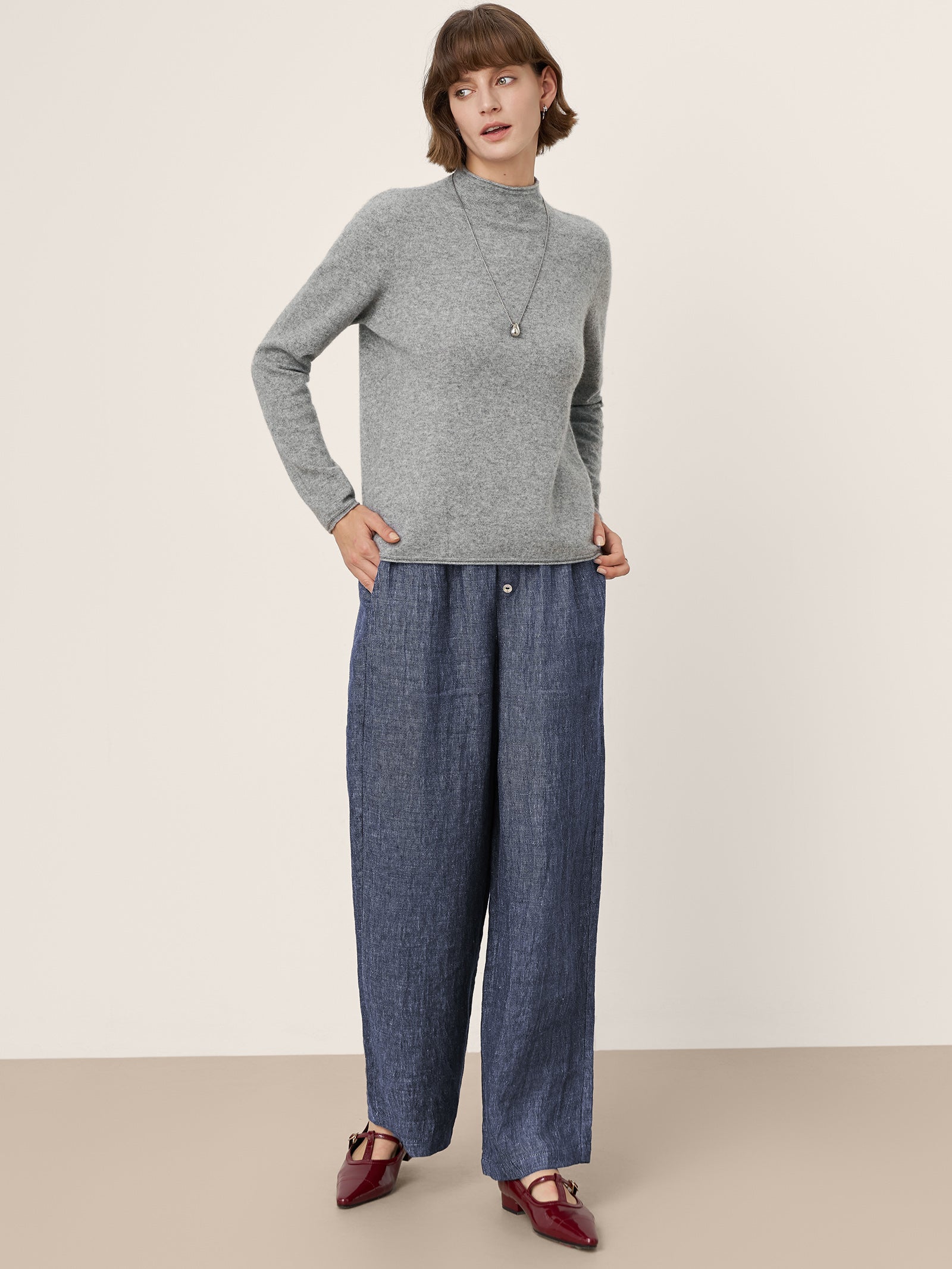Premium Cashmere Blend Hand-Finished Seamless Mock Neck Lettuce Edge Sweater ZELIE