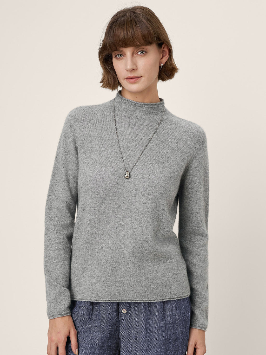 Premium Cashmere Blend Hand-Finished Seamless Mock Neck Lettuce Edge Sweater ZELIE
