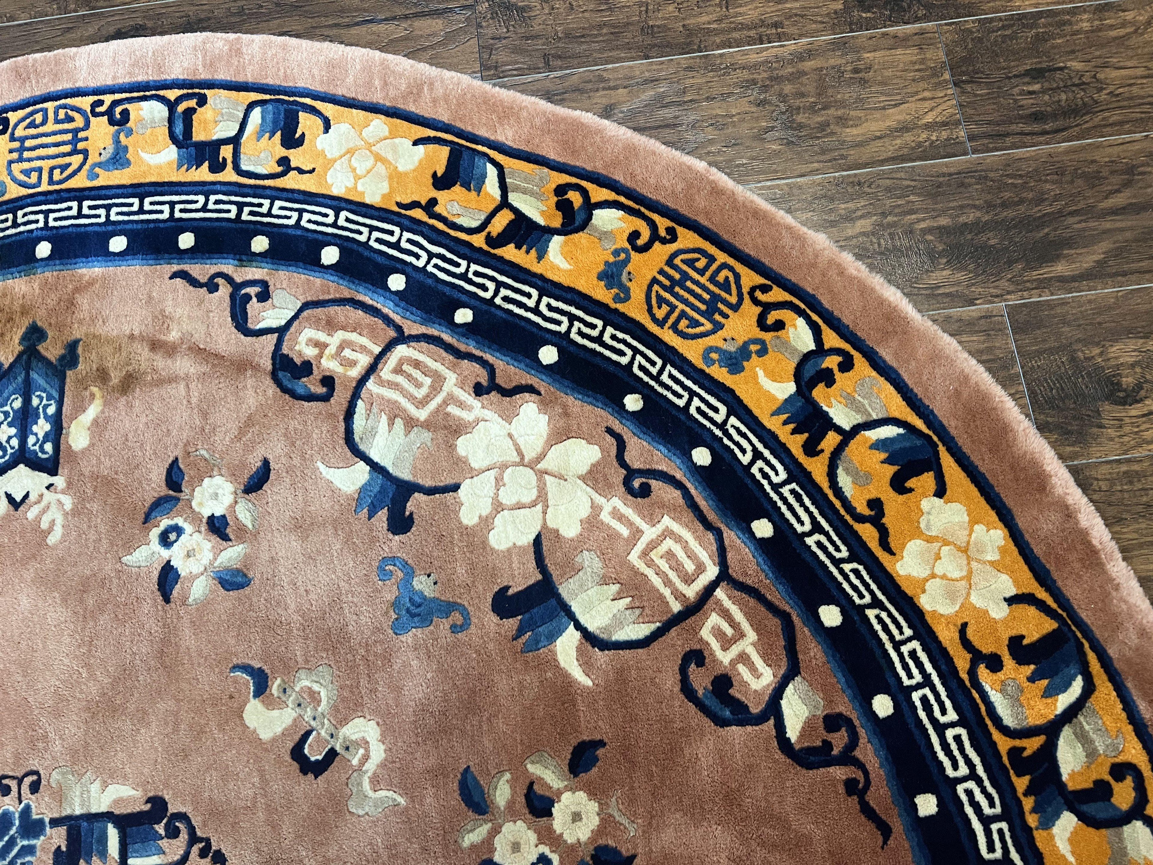 Antique Round Chinese Wool Rug 8x8, Chinese Peking Carpet, Asian Oriental Carpet 8 x 8 ft, Chinese Art Deco Rug, Nichols Rug