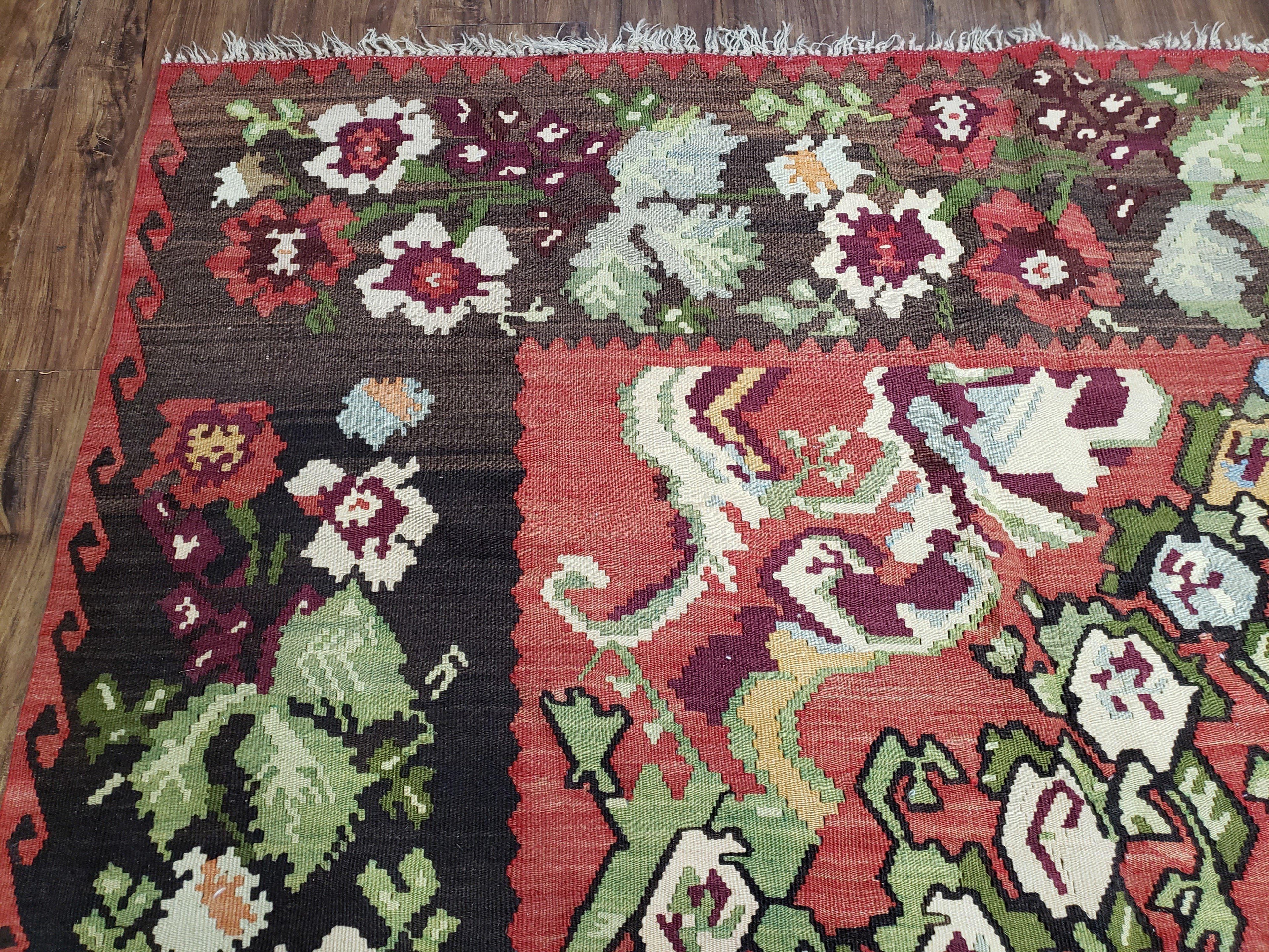 Karabakh Rug 8x11, Caucasian Kilim Rug, Vintage Antique Turkish Anatolian Azerbaijani Carpet, Wool Red & Black Hand-Woven 8 x 11 Living Room