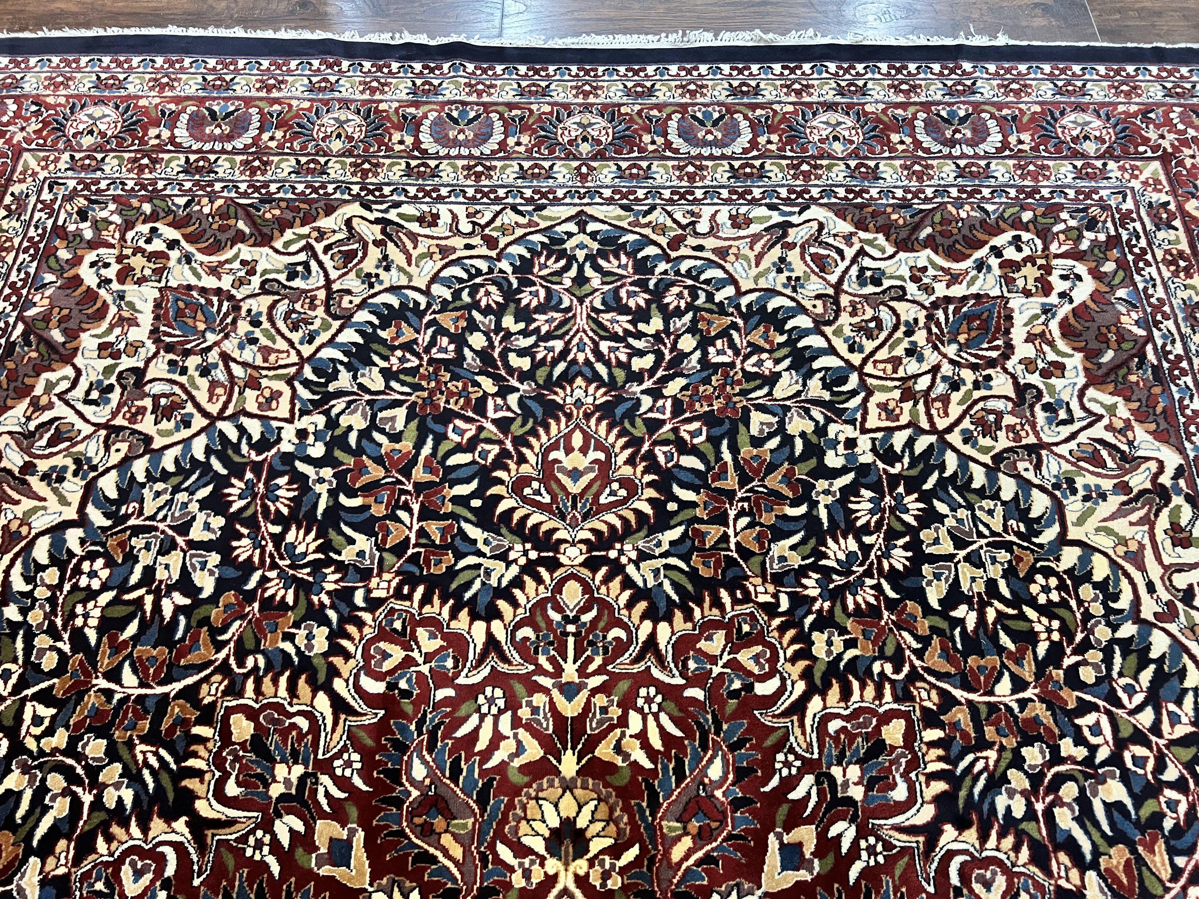 Indo Persian Rug 9x13, Floral Medallion, Midnight Blue & Burgundy, Hand Knotted Vintage Room Sized Traditional Wool Oriental Carpet