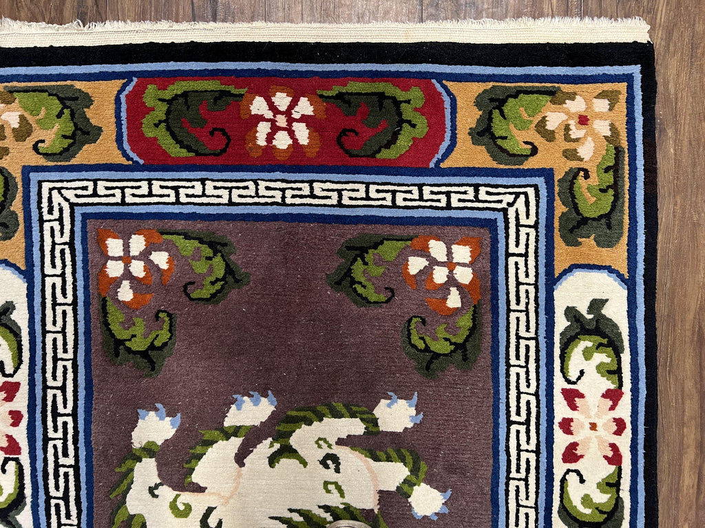 Chinese Art Deco Rug 3 x 5.5 with Animal Pictorials, Vintage Chinese Peking Wool Area Rug, Dark Puce Maroon Ivory, Hand Knotted Soft Carpet