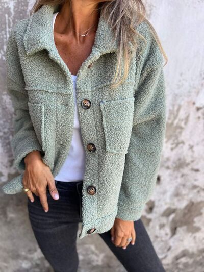Comfortable Modern Women Full Size Fuzzy Button-Up Jacket with Drop Shoulder and Pockets
