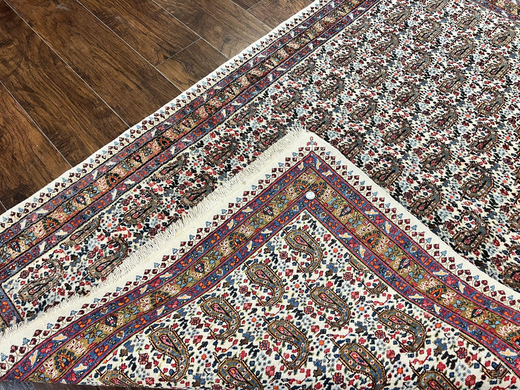 Persian Rug 4x6, Mashad Kashmar Rug, Boteh Paisley Design, Allover Repeated Pattern, Ivory Hand Knotted Vintage Semi Antique Persian Oriental Carpet