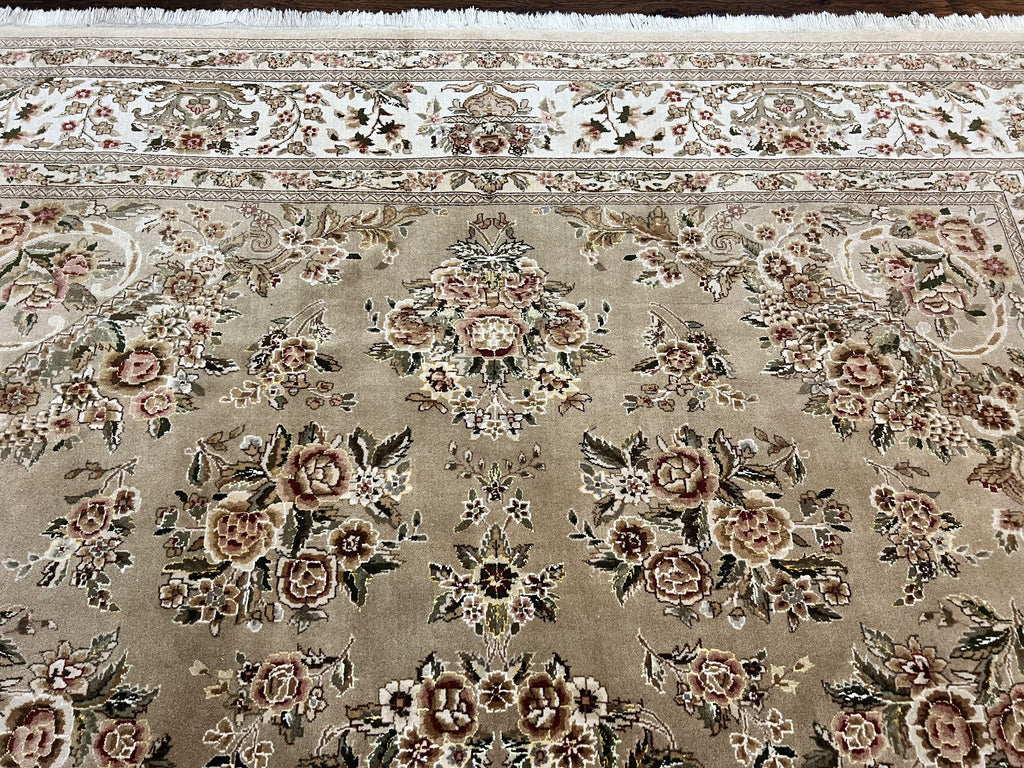 Sino Persian Rug 8x10, Soft Wool, Silk Highlights, Hand Knotted Vintage Carpet, Taupe & Ivory, Floral, Traditional Rug 8 x 10