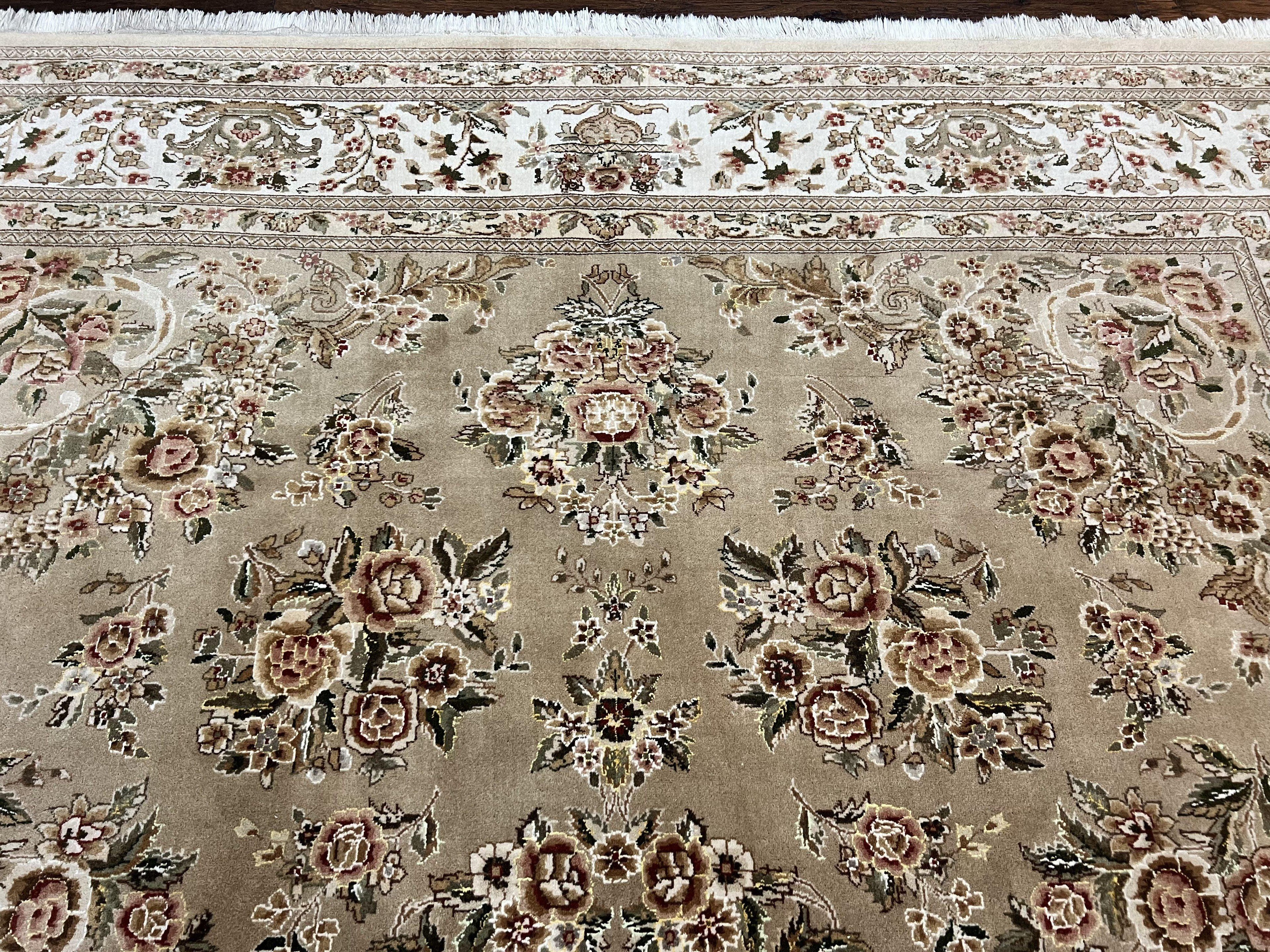 Sino Persian Rug 8x10, Soft Wool, Silk Highlights, Hand Knotted Vintage Carpet, Taupe & Ivory, Floral, Traditional Rug 8 x 10