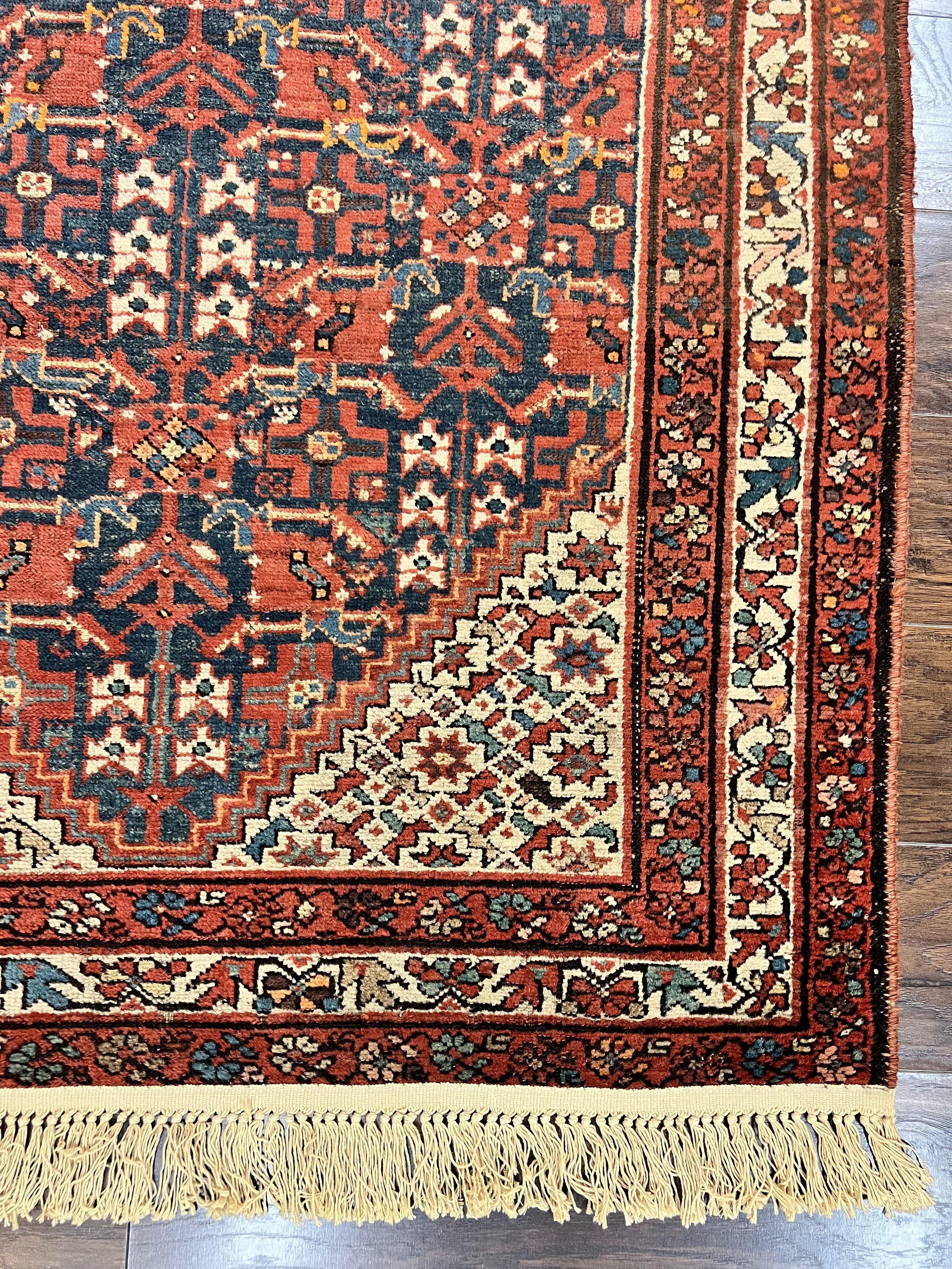 Persian Malayer Rug 4x7, Tribal Rug, Geometric, Antique Oriental Carpet, Red Blue Cream, Boho Rug, Hand Knotted Wool Rug