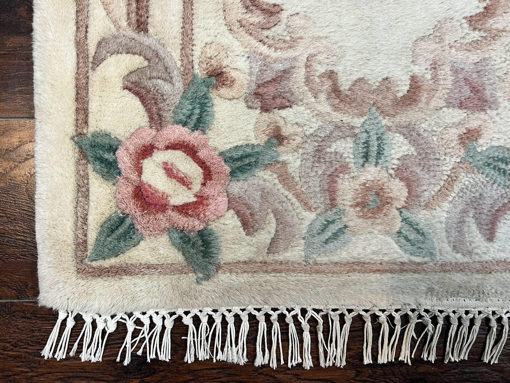 Chinese Aubusson Runner Rug 2.4 x 11, Hand Tufted Beige Floral European Design Hallway Rug, Elegant Rug, Vintage Wool Rug 11ft Long
