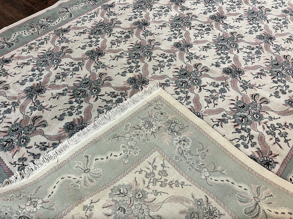 Belgium Power Loomed Rug 8x11, Ivory and Green, Wool Carpet, Floral