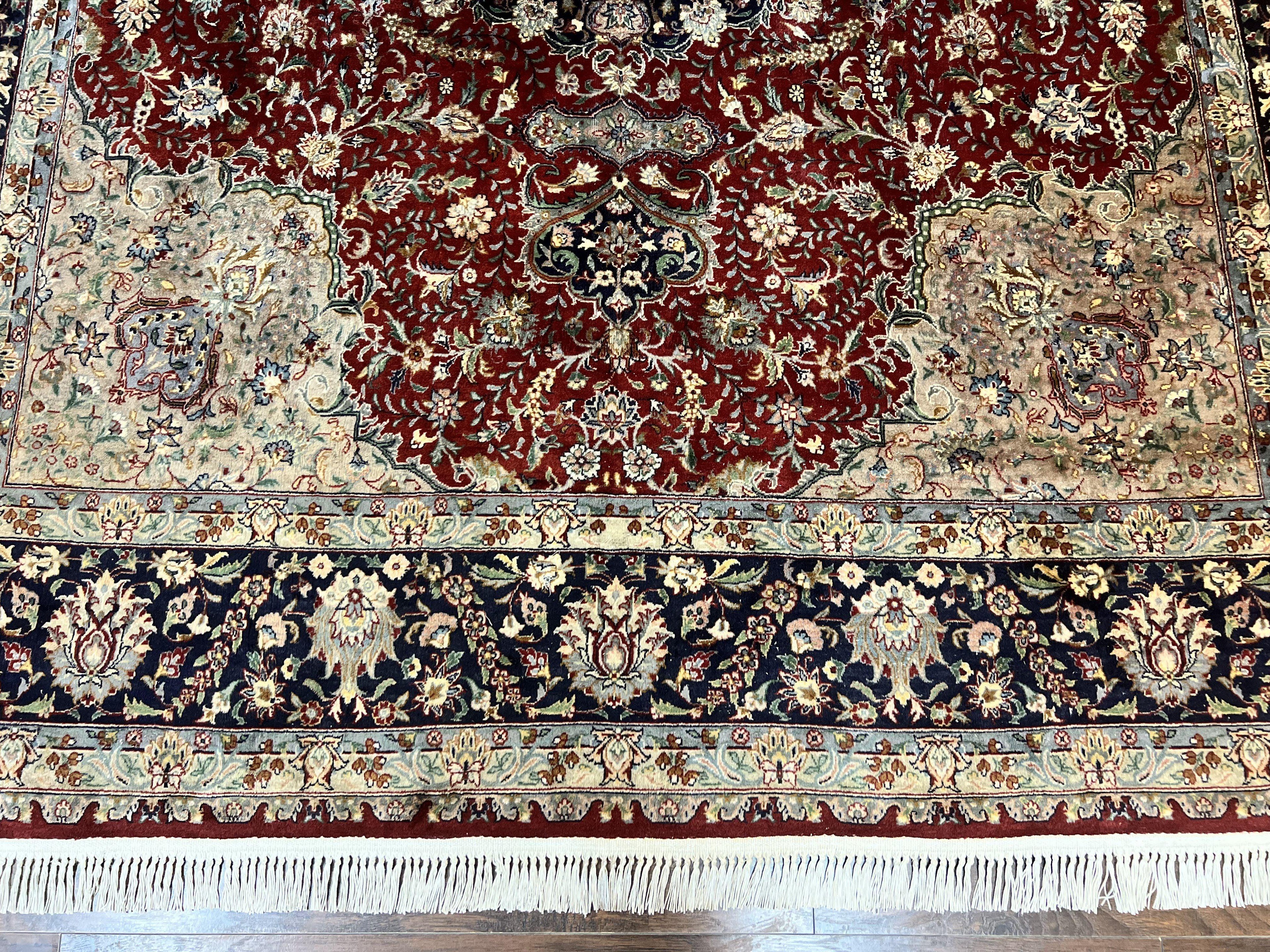 Pak Persian Rug 8x10, Wool Hand Knotted Vintage Carpet, Dark Red & Navy Blue, Dome Design Floral Medallion Rug, 8 x 10 Oriental Rug