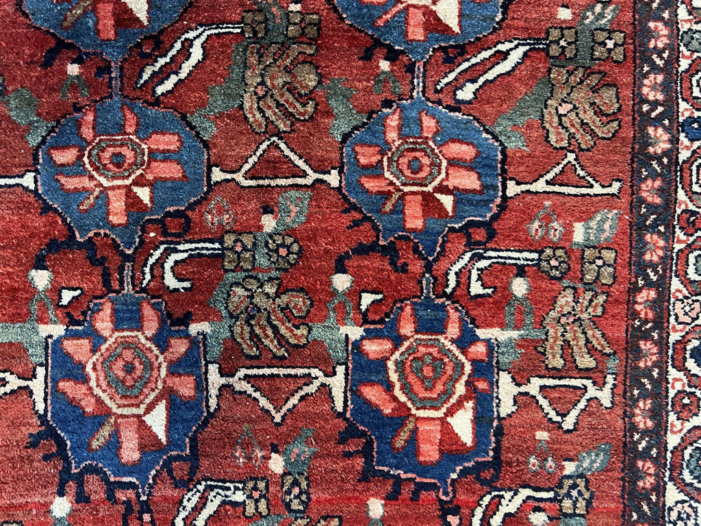 Antique Persian Bijar Rug 9x12 - Allover Motif, Red & Blue