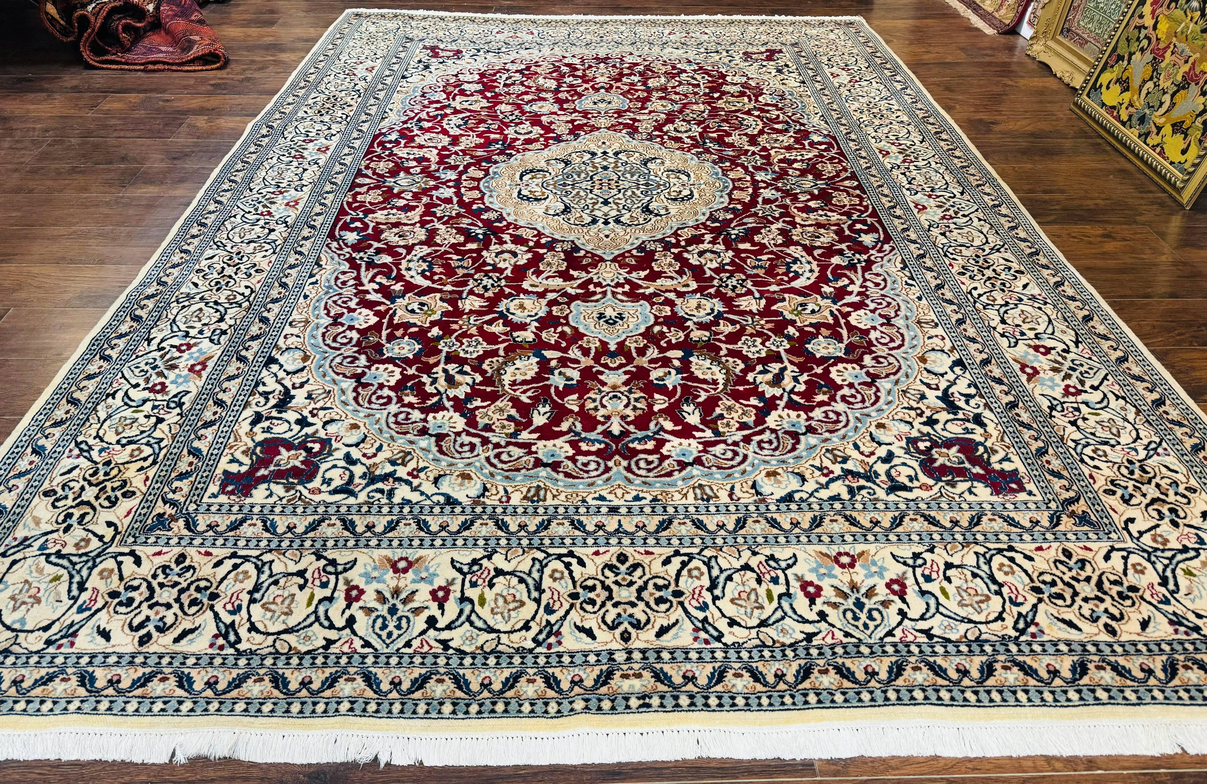 Persian Nain Rug 8x11, Wool and Silk Highlights, Burgundy & Ivory