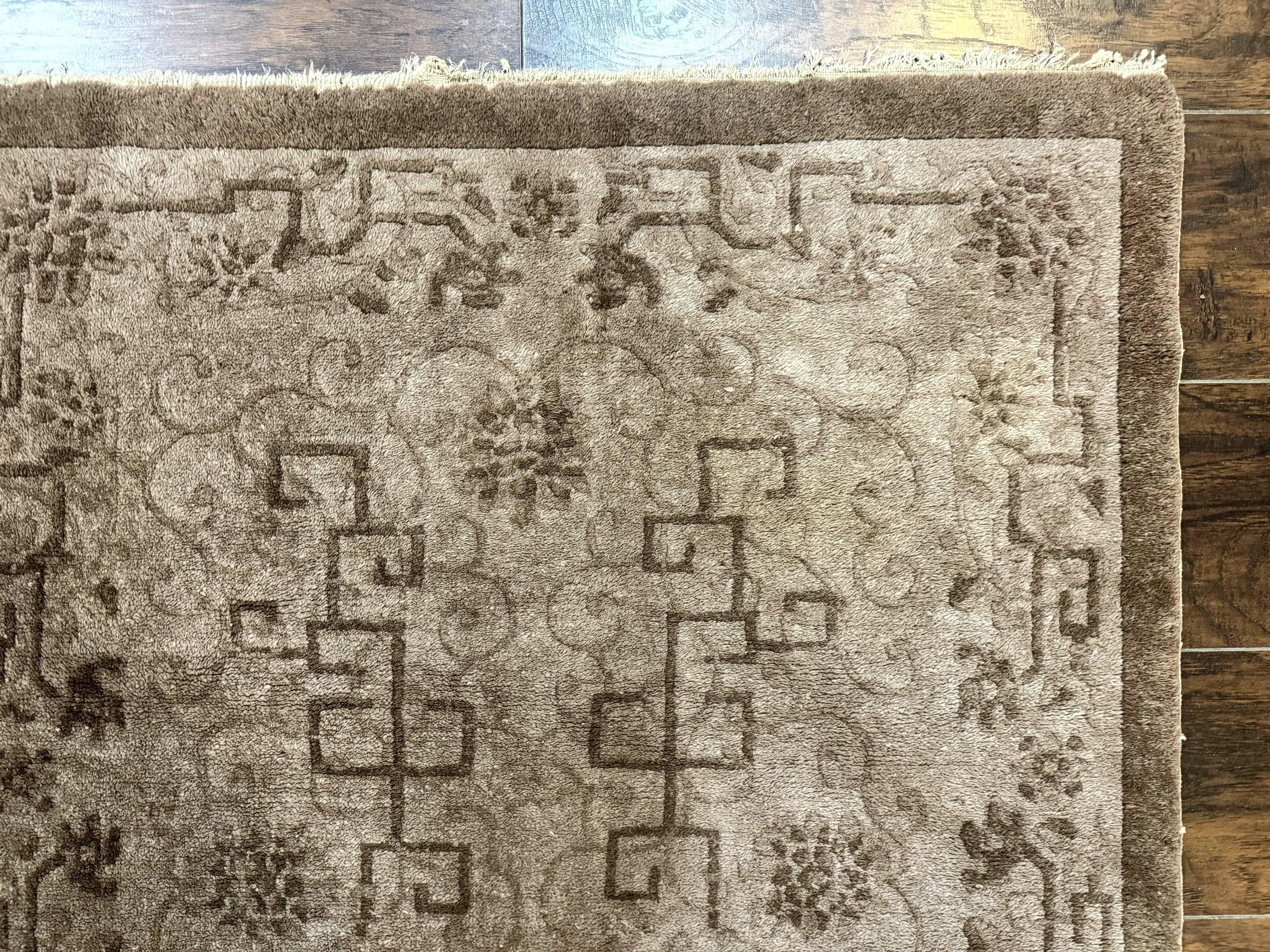 Antique Chinese Fette Rug 3x6, Taupe, Handmade Wool Chinese Carpet