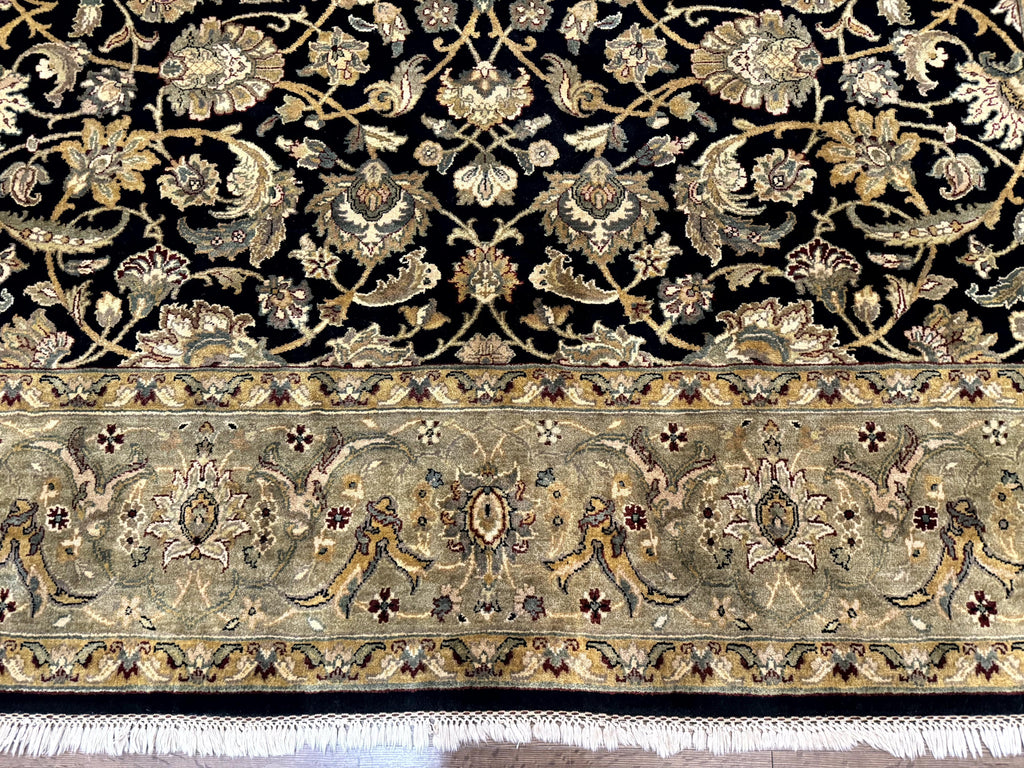 Indo Persian Rug 8x10, Black and Green, Wool, Handmade, Traditional, Floral Allover, Vintage