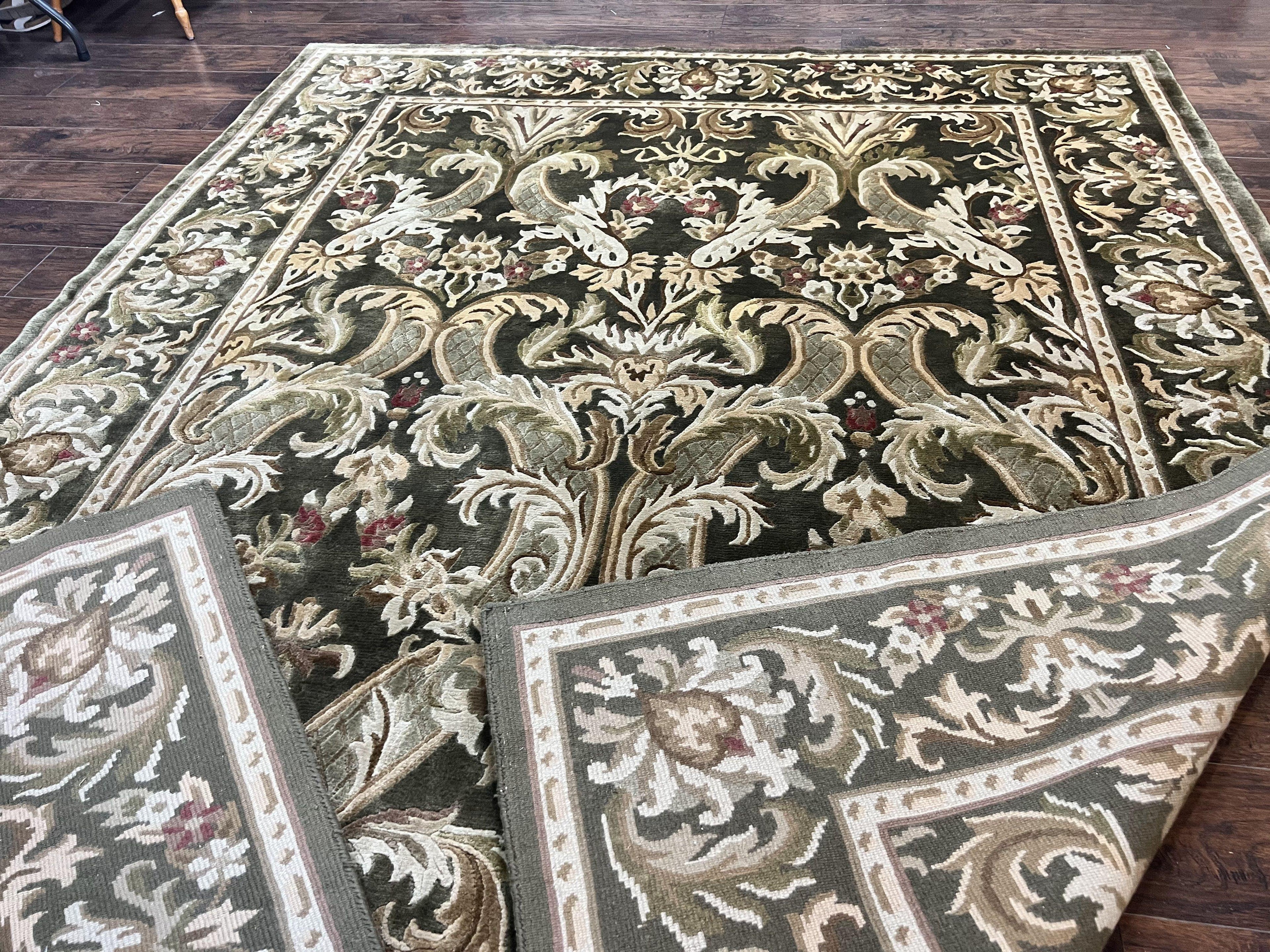Tibetan Rug 8x10, European Design, Floral, Green, Handmade, Wool, Nepali Rug