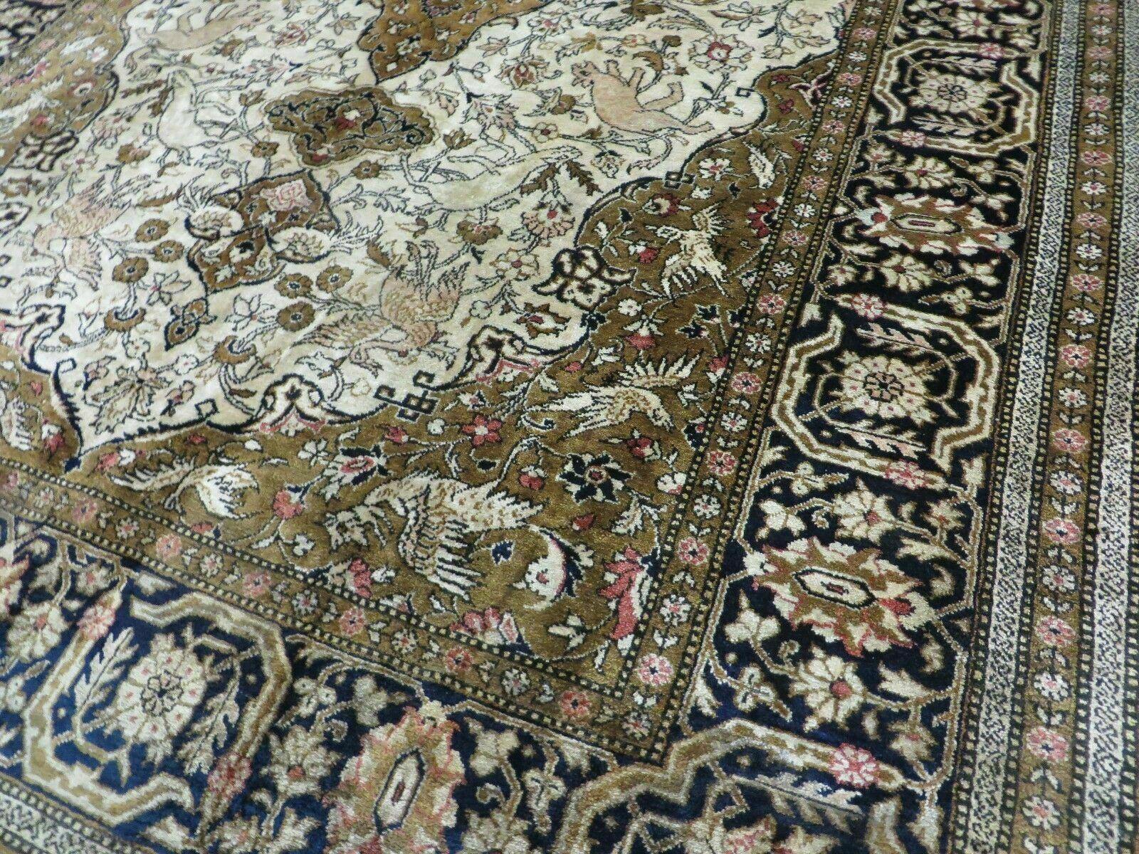 Handmade Silk Rug 3x5, Vintage Antique Silk Carpet, Hand-Knotted Oriental Rug 3 x 5, Animal Motifs, Deer Birds, One-Of-A-Kind