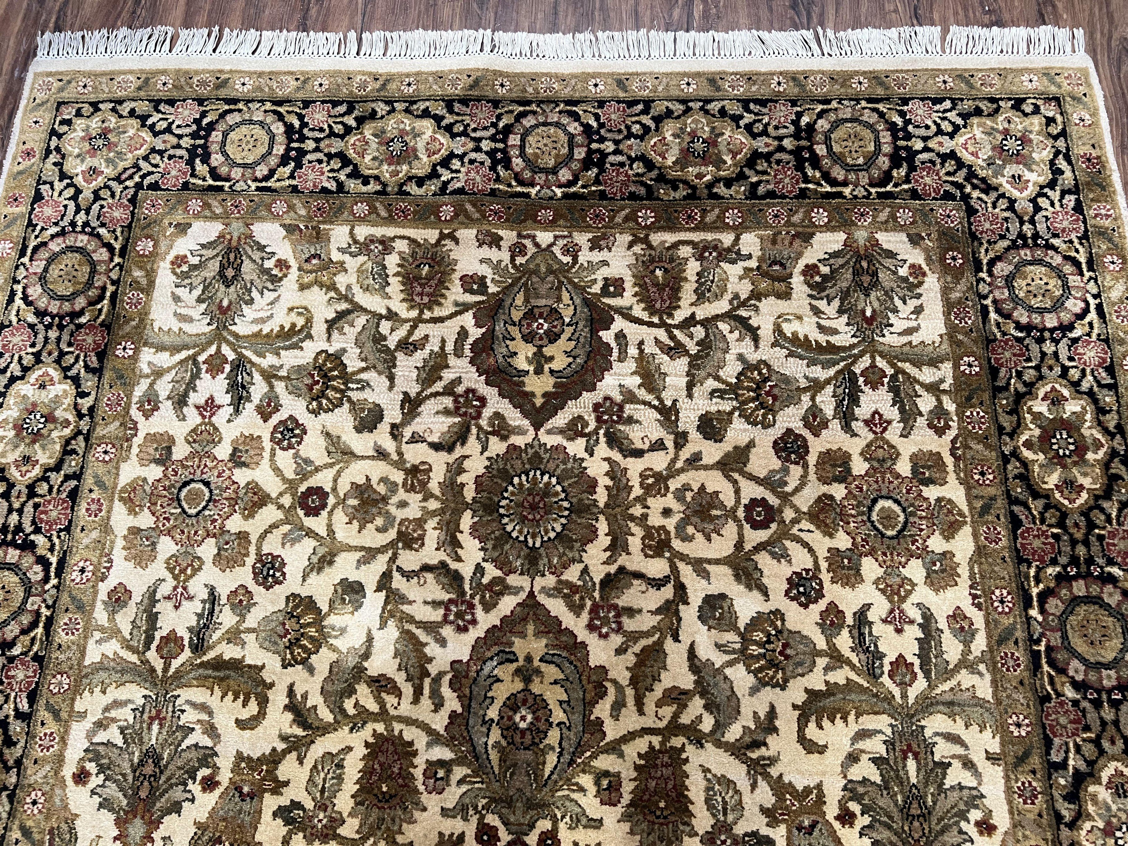 Indo Mahal Rug 6x9, Indian Floral Carpet 6 x 9, Beige and Black, Allover Design, Living Room Rug, Bedroom Rug, Traditional Rug, Vintage Rug