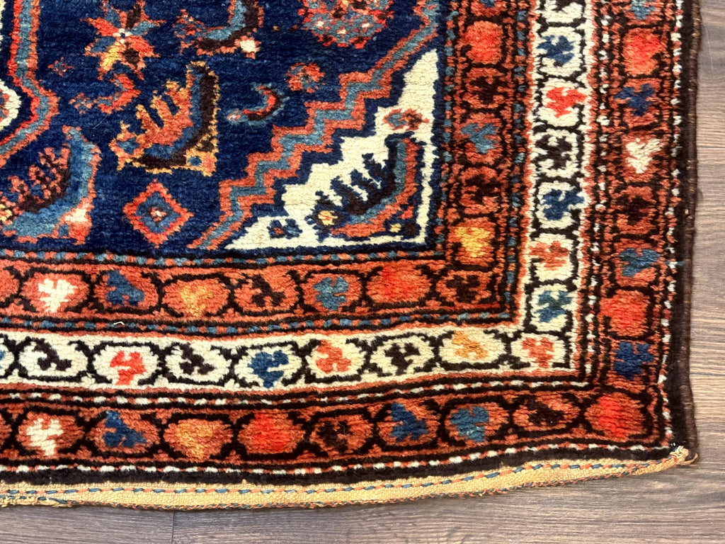 Antique Persian Hamadan Rug 4x6, Geometric, Double Medallions, Navy Blue, Tribal Carpet