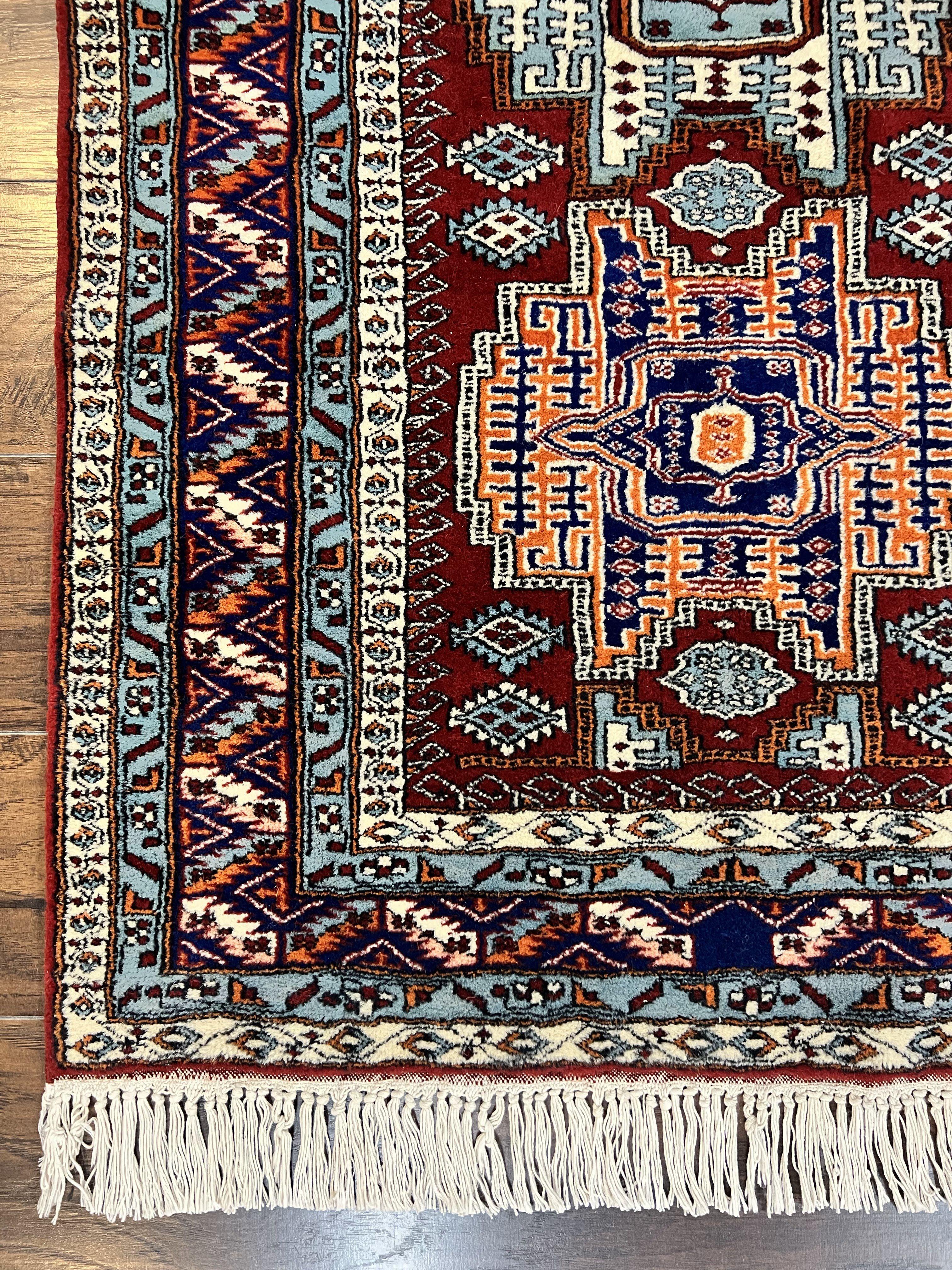 Pakistani Rug 3x5 ft, Caucasian Kazak Design, Geometric Rug, Small Vintage Oriental Carpet, Dark Red Vintage Handmade Wool Rug 3 x 5