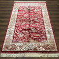 Turkish Silk Hunting Scene Rug 5 x 7.6, Red & Ivory, Bamboo Silk, New